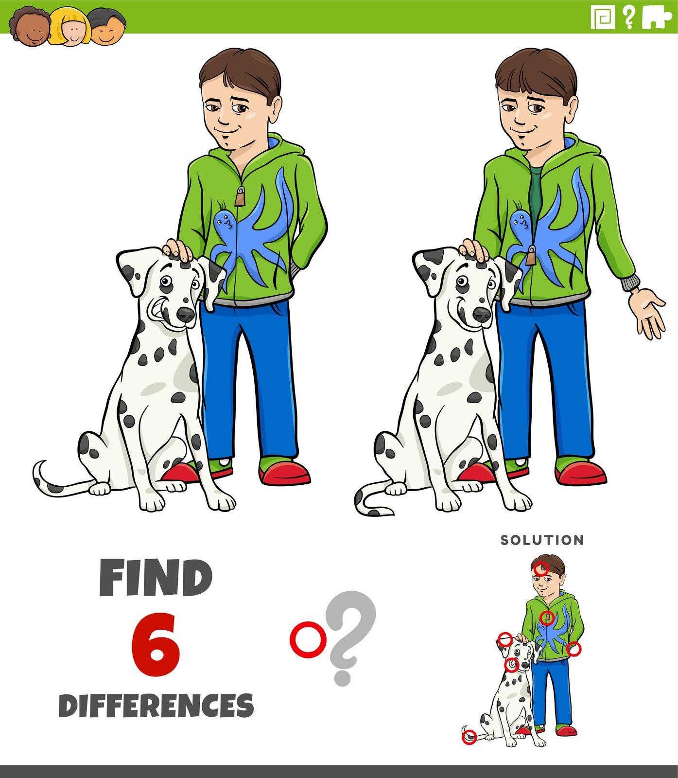 Cartoon illustration of finding the differences between pictures educational game with boy and his dog