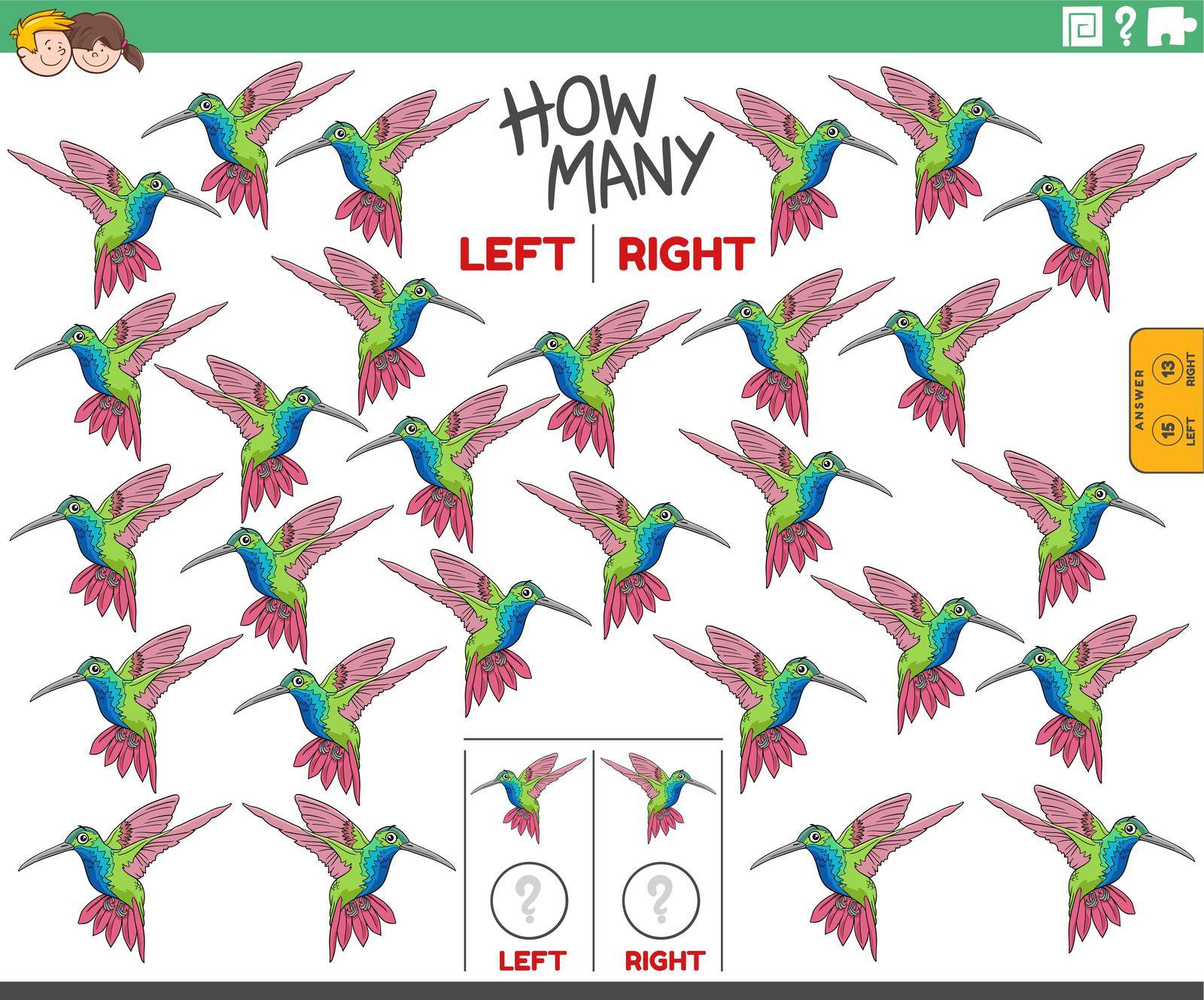 Cartoon illustration of educational task of counting left and right oriented pictures of hummingbird bird animal character
