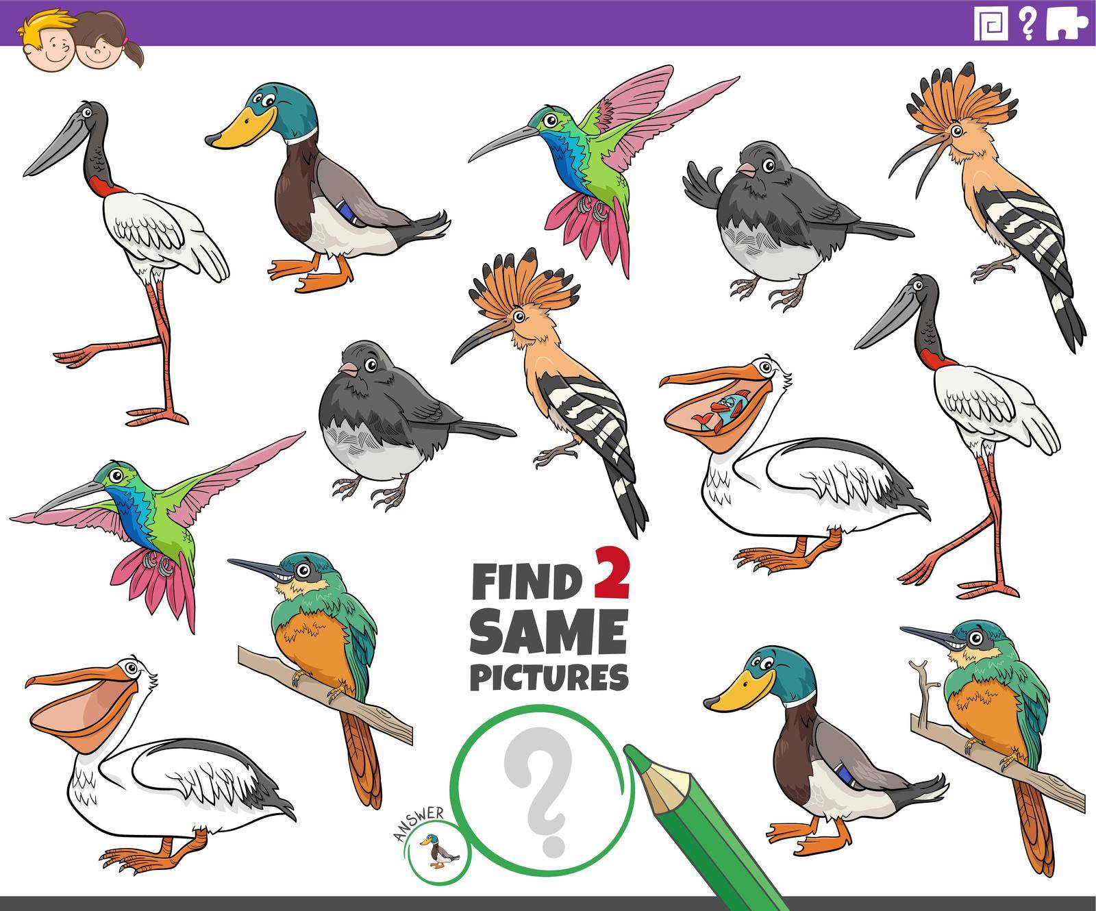 Cartoon illustration of finding two same pictures educational game with comic birds animal characters