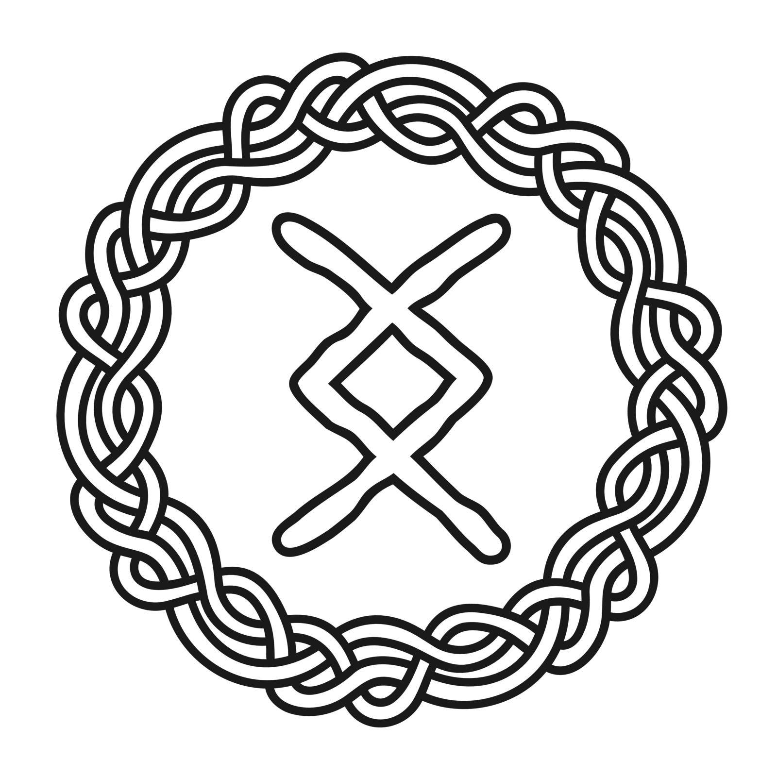 Rune Inguz Ingwaz in a circle - an ancient Scandinavian symbol or sign, amulet. Viking writing. Hand drawn outline vector illustration for websites, games, print and engraving.