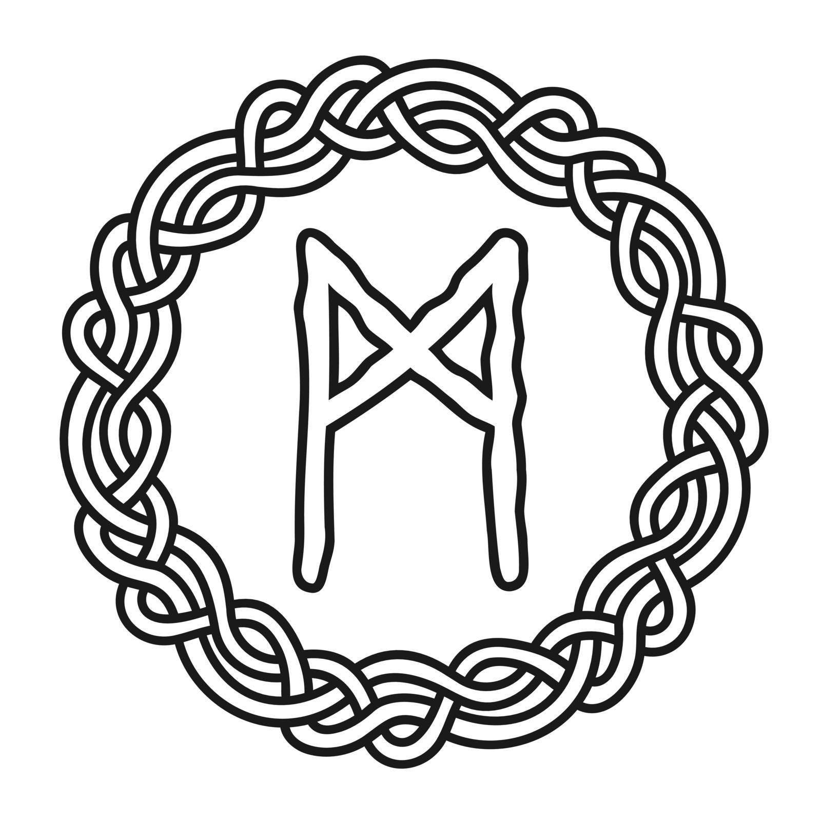 Rune Mannaz in a circle - an ancient Scandinavian symbol or sign, amulet. Viking writing. Hand drawn outline vector illustration for websites, games, engraving and print. by Pyromaster