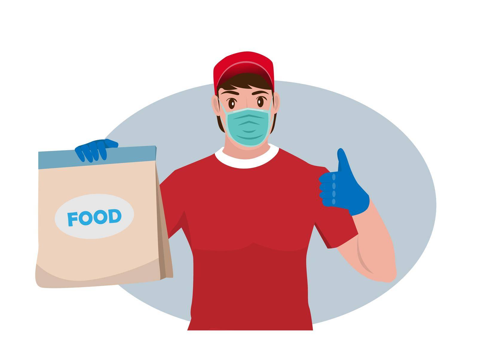 The food delivery man was wearing a mask and protective gloves, carrying a paper bag with food inside. Delivery during prevention of coronovirus concept vector illustration in flat cartoon style by chanwitya28