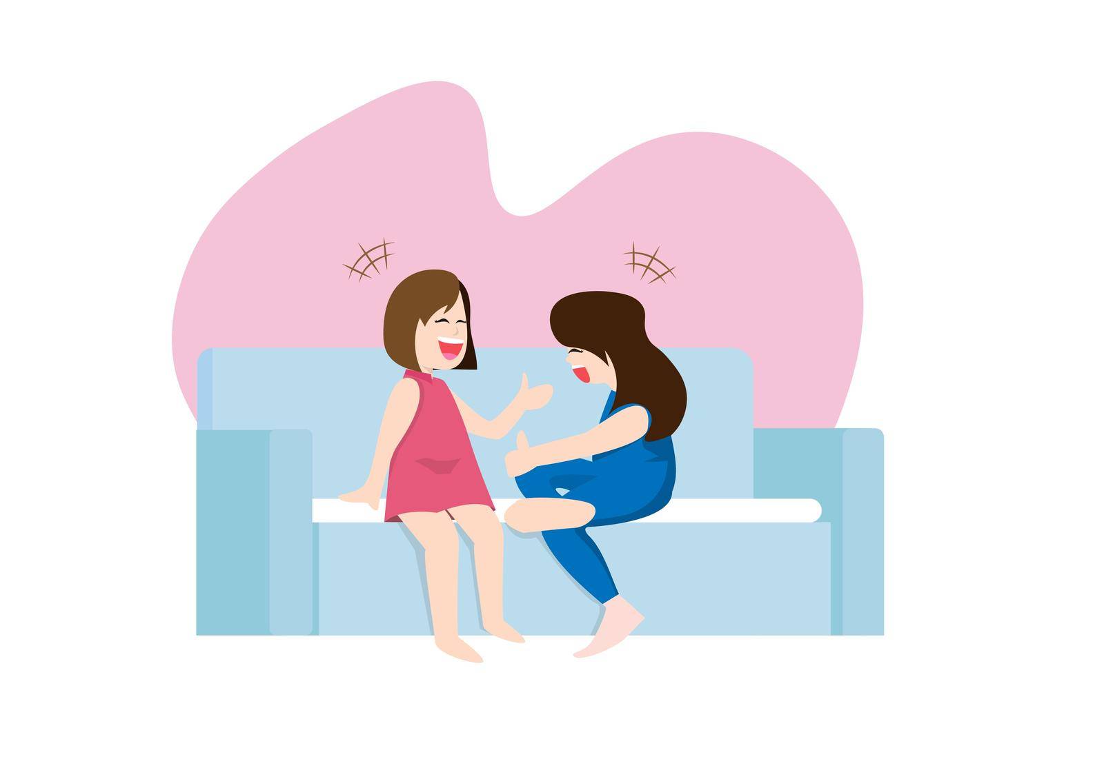 Female friends sitting on the sofa laughing And talk happily Vector flat style cartoon illustration
