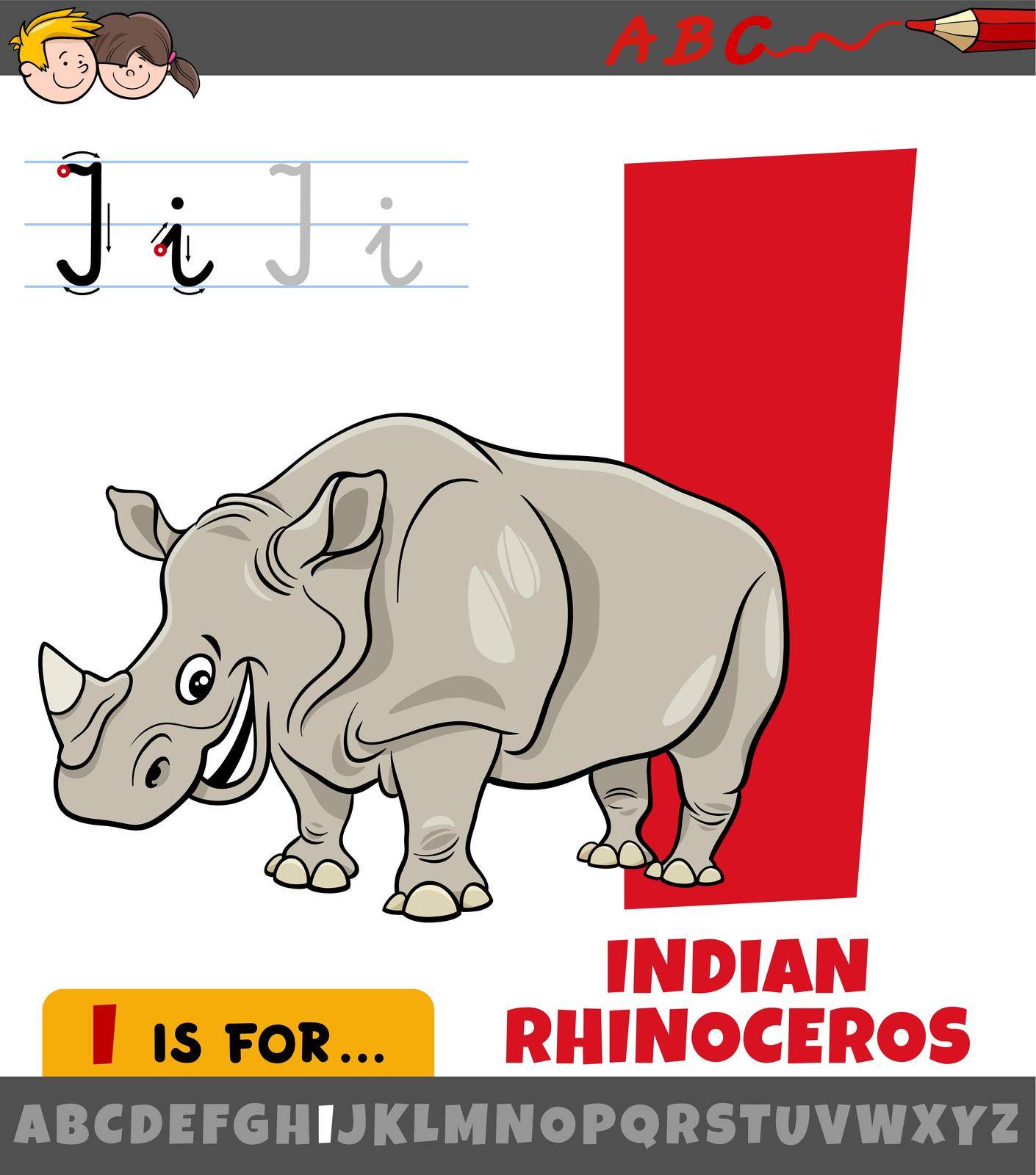 Educational cartoon illustration of letter I from alphabet with Indian rhinoceros animal character