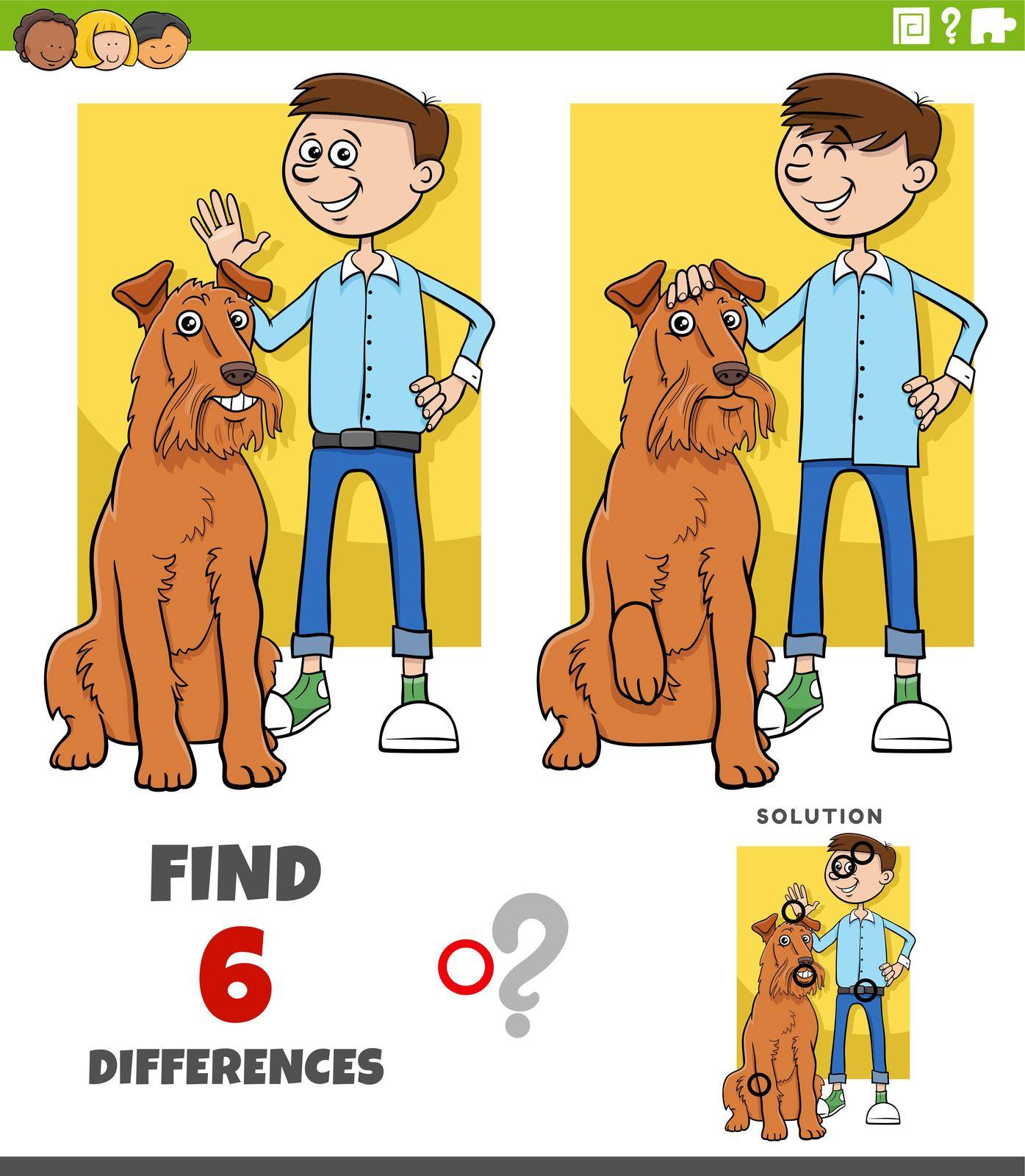 Cartoon illustration of finding the differences between pictures educational task with boy and his dog