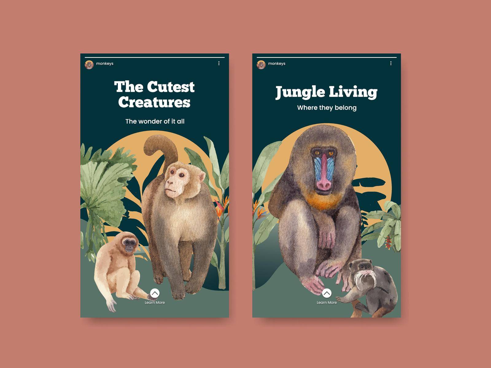 Instagram template with monkey in the jungle concept,watercolor style by Photographeeasia
