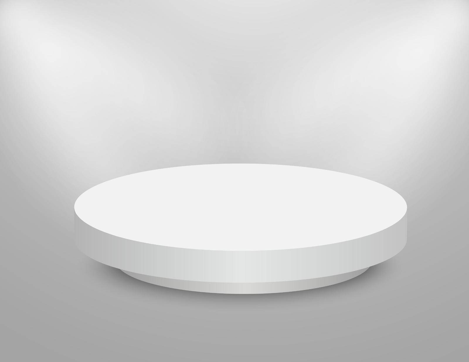 Podium 3D round stage. Circle white pedestal. Empty vector showroom platform.