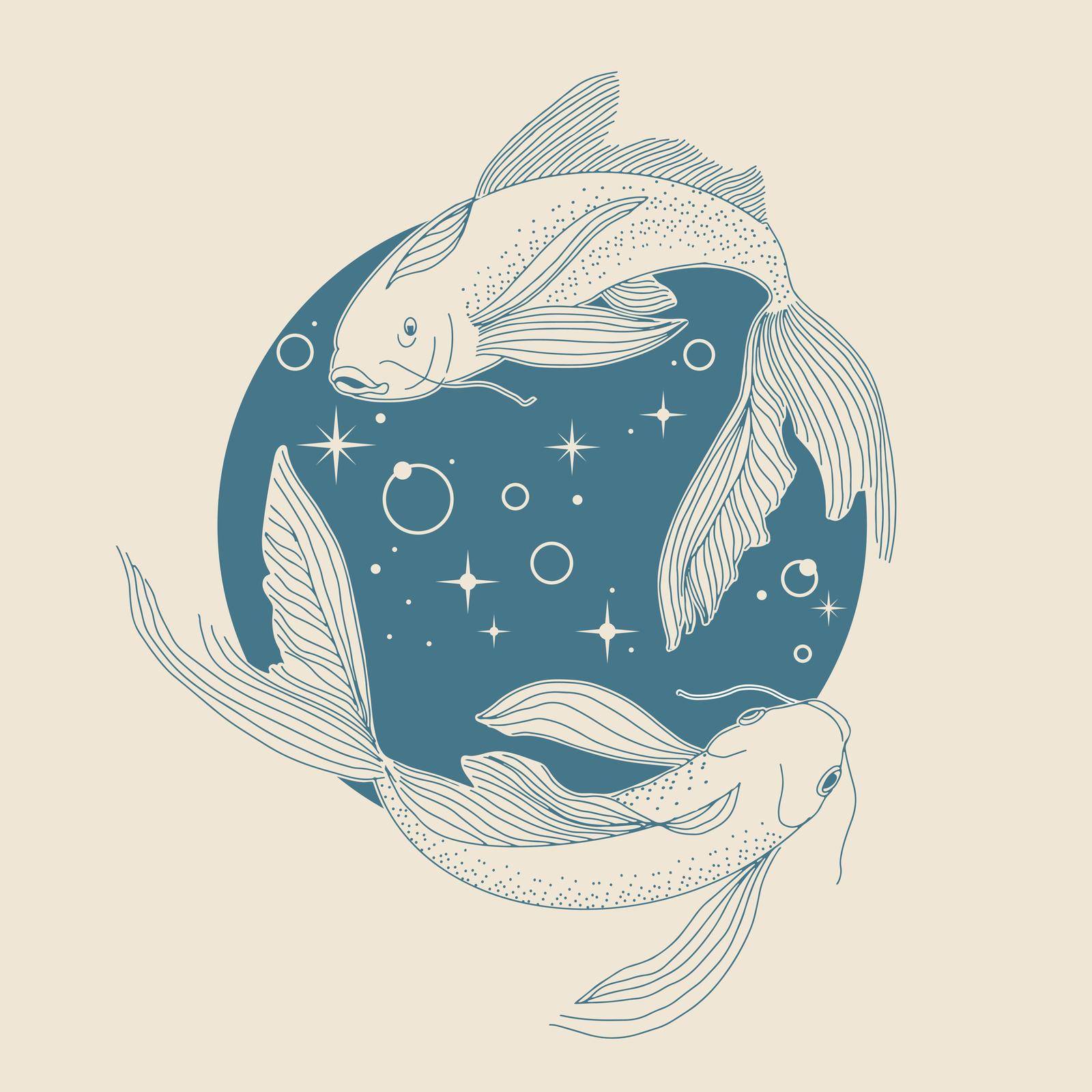 Fantastic celestial fish swimming in space. Vector esoteric illustration.