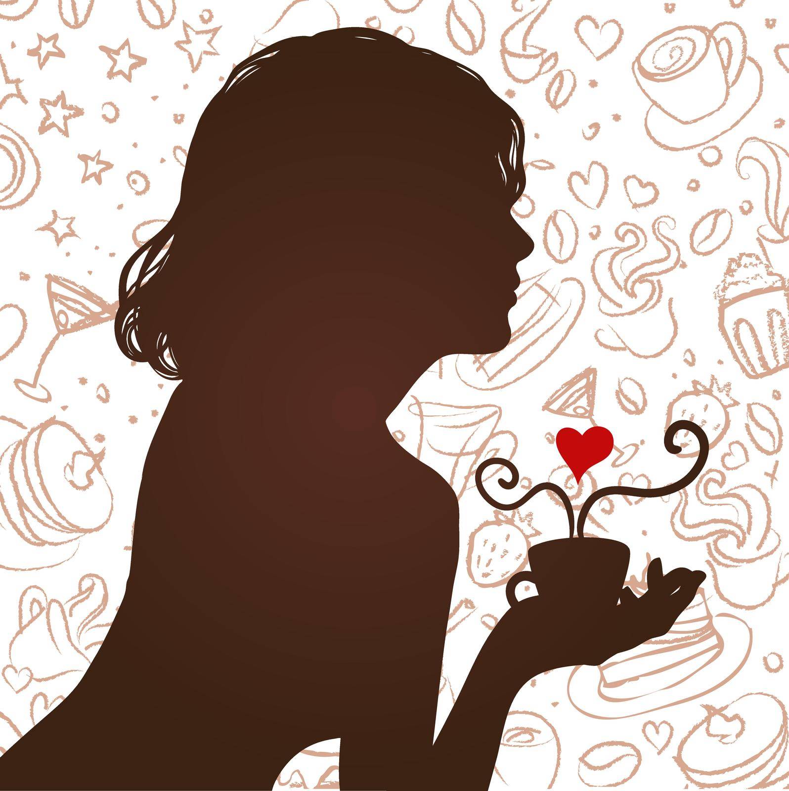 Silhouette of a girl drinking coffee with scribble background
