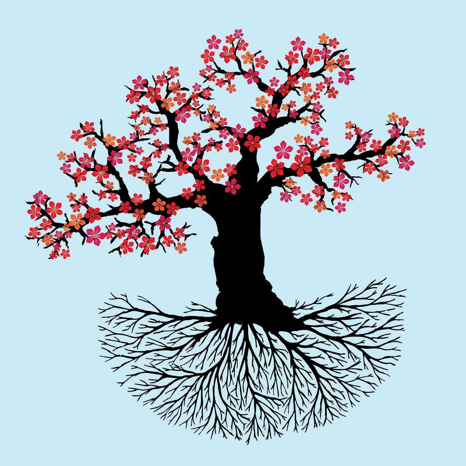 Old blossom tree of life or yggdrasil with red blossoms. The trunk, branches and roots are black. Light blue background.