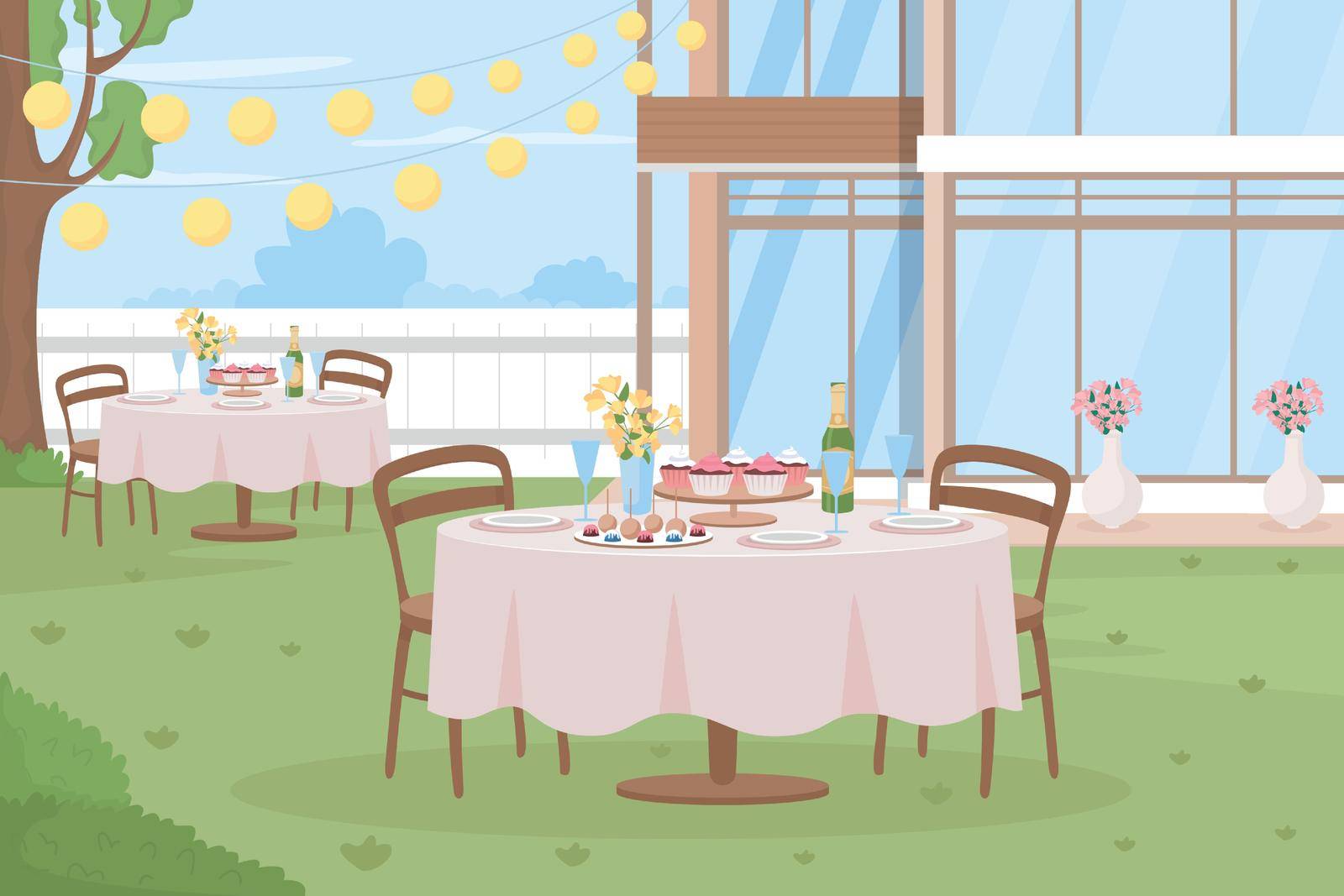 Outdoor formal occasion flat color vector illustration. Wedding day celebration. Birthday party. Summertime backyard partying. 2D simple cartoon landscape with decorations on background