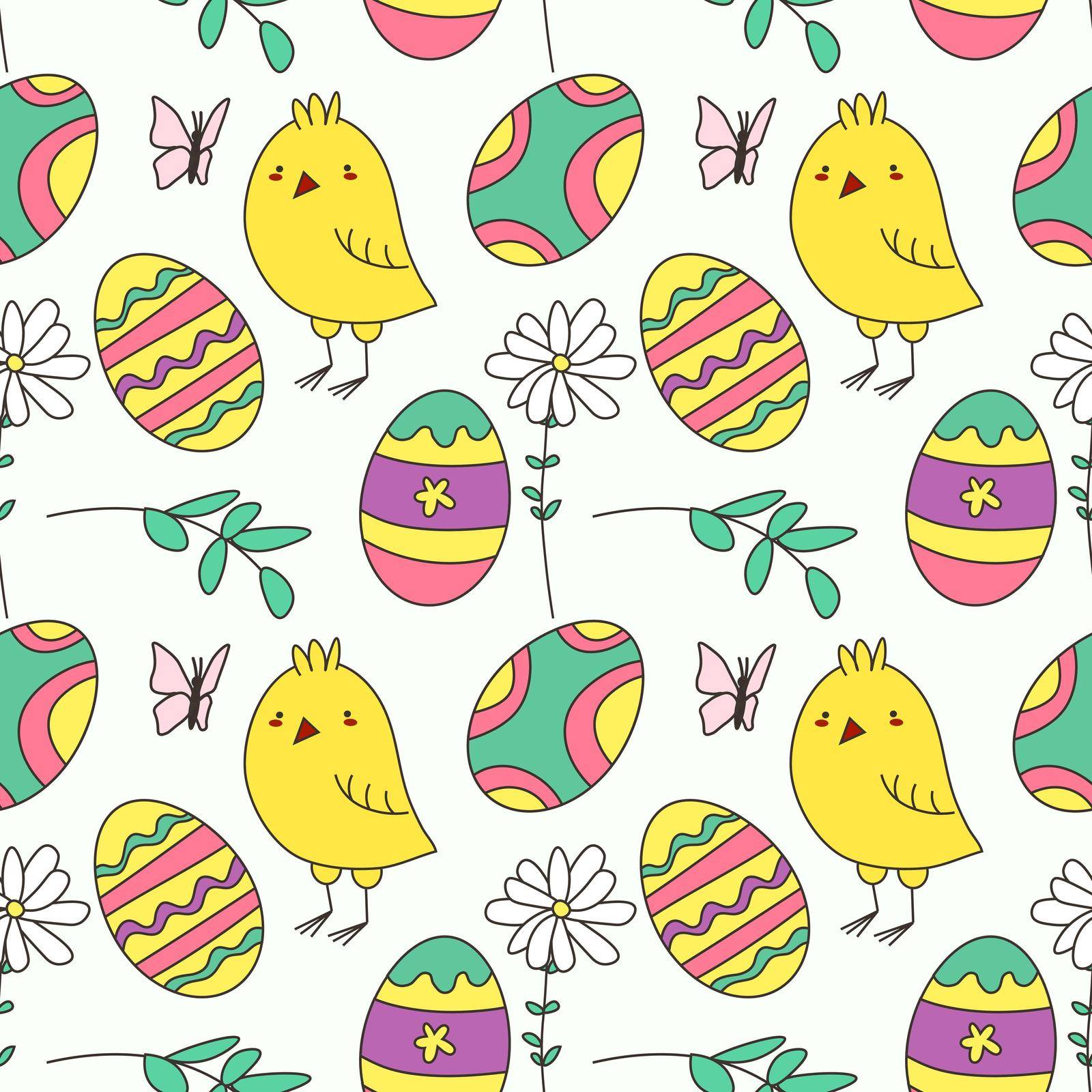 Happy Easter. Seamless pattern of Happy Easter. Chicken and eggs. Vector illustration
