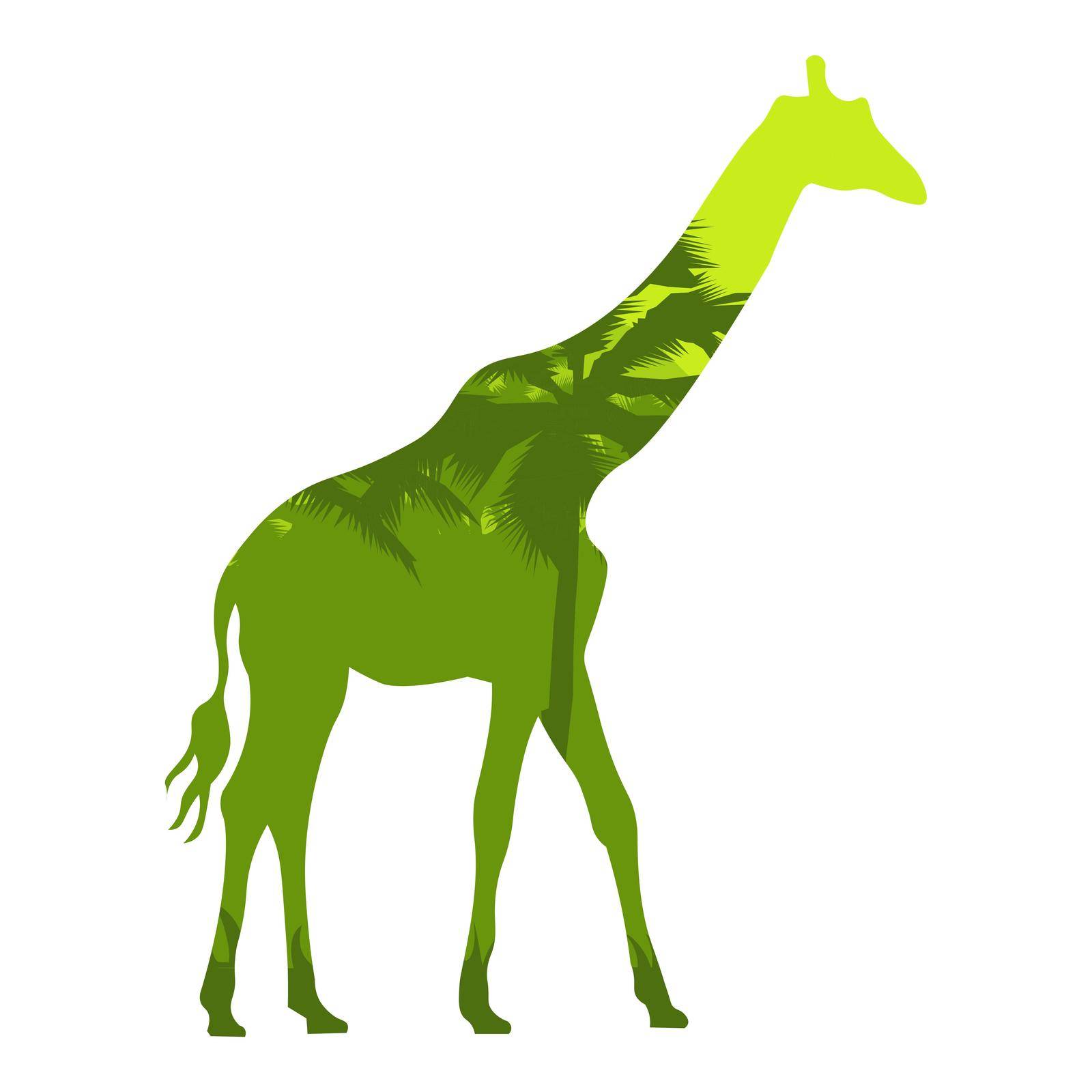Vector illustration silhouette giraffe with african savannah and colorful sky.. Isolated white background. Icon giraffe side view profile