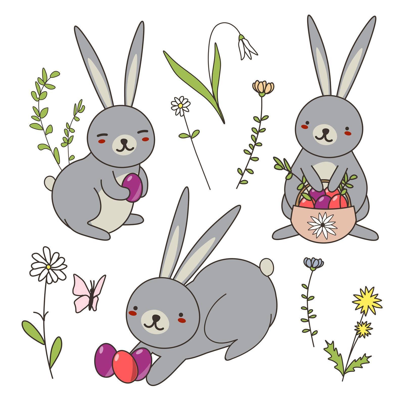 Easter Bunnies with colorful eggs. Vector illustration. Easter collection isolated elements for design and lettering.
