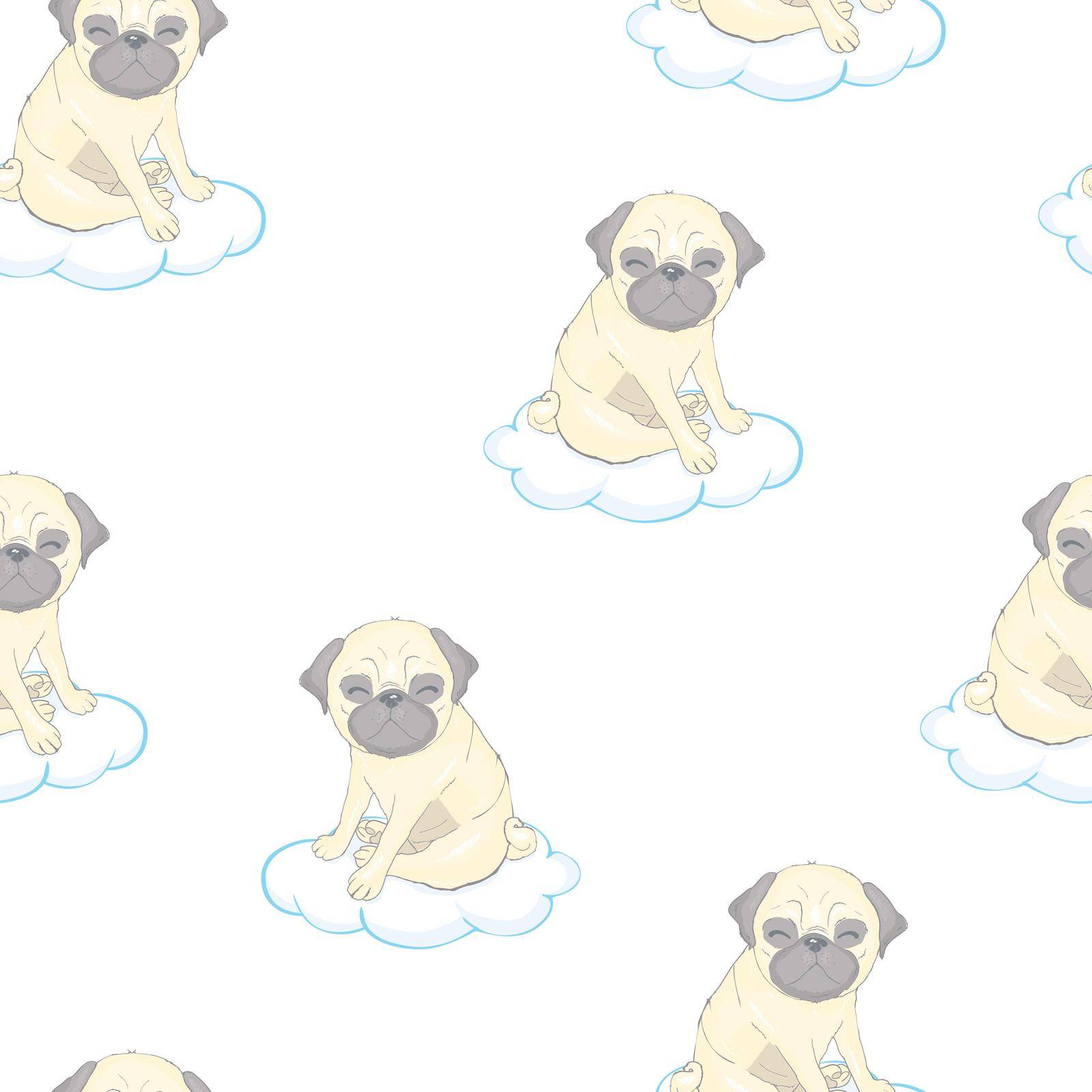 Pug dog cartoon illustration. Cute friendly fat chubby fawn sitting pug puppy, smiling with tongue out. Vector cute pug vector pattern