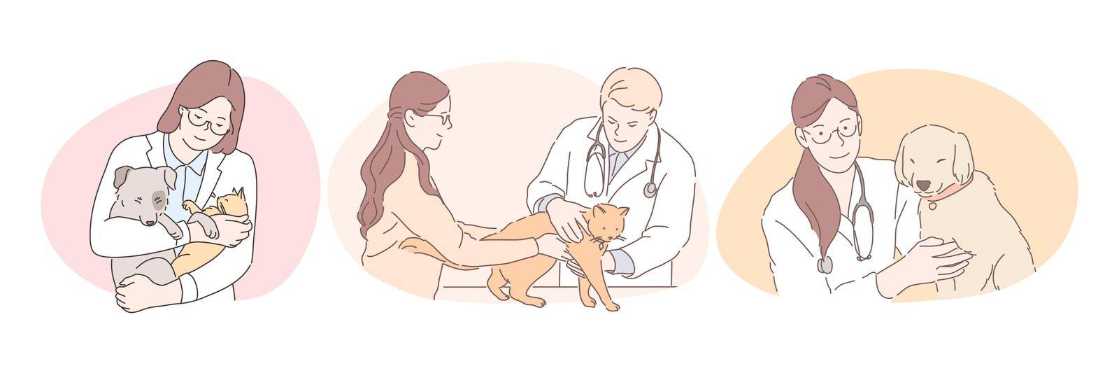 Professional veterinarian with pets during work concept by VECTORIUM