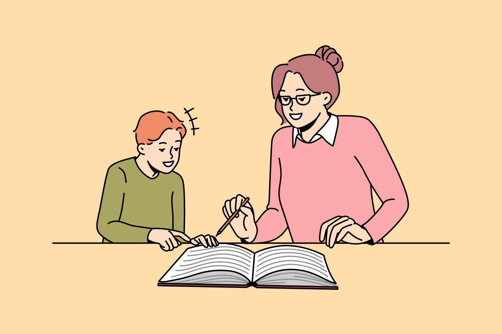 Education teaching and learning concept. Smiling boy pupil and woman teacher sitting and reading book together getting knowledge vector illustration