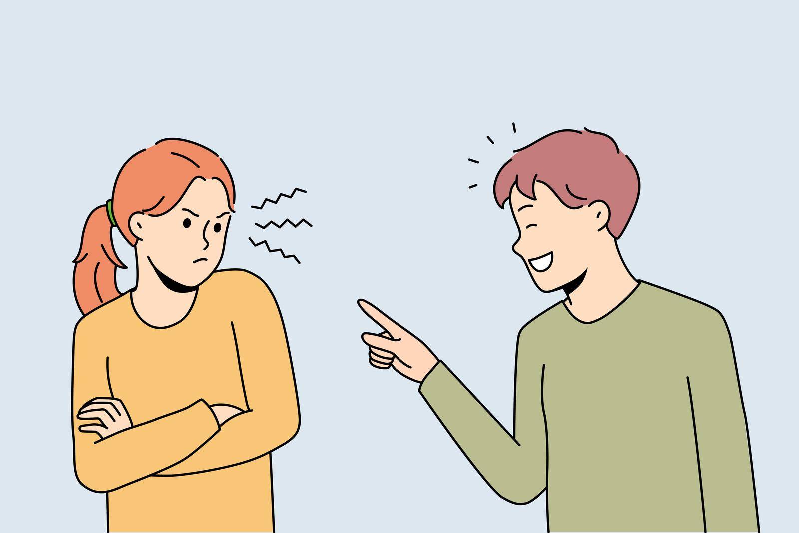 Having fun and laughing concept. Smiling boy standing pointing at irritated stressed girl having fun and kidding having problems in communication vector illustration