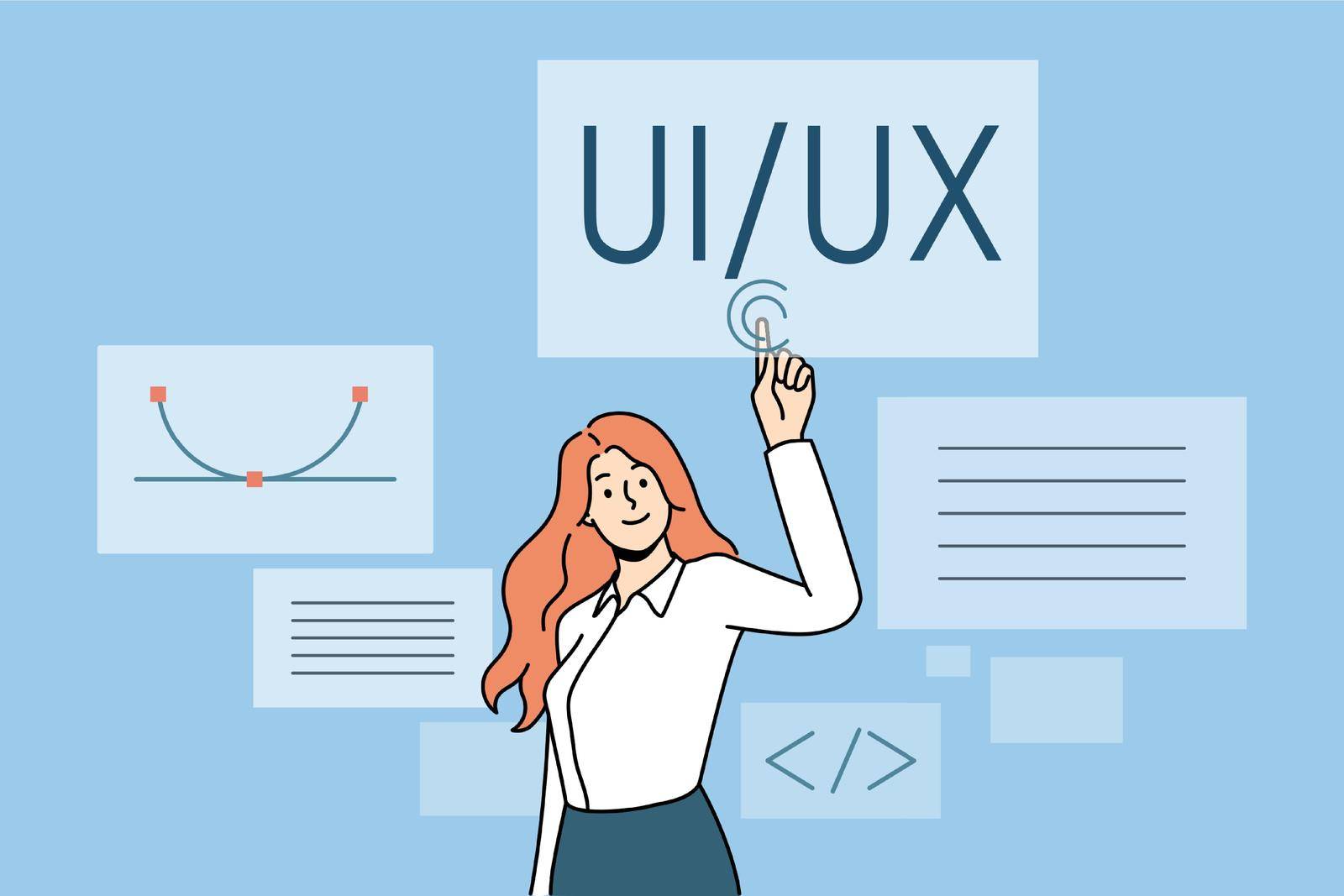 User interface and experience concept. Young woman web designer computer programmer standing and pointing at ui ux vector illustration