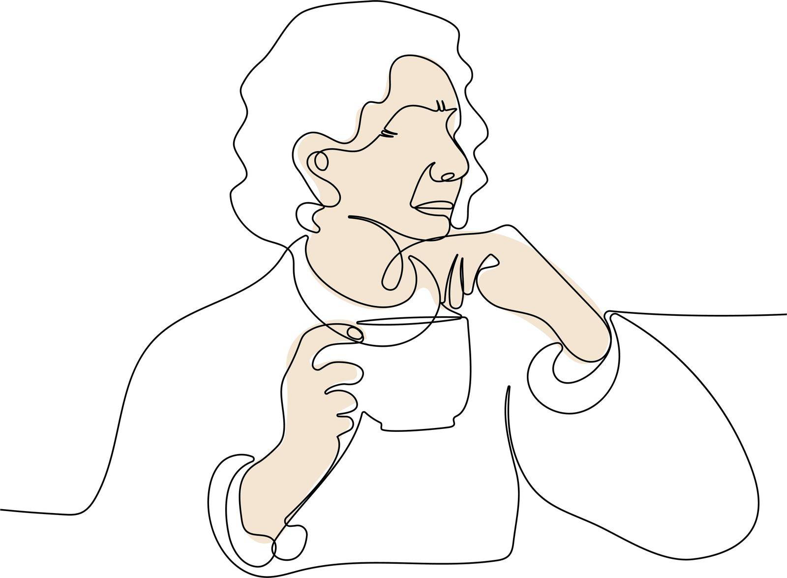 Continuous one line drawing of wishing a woman or a grandmother sit pensively with a cup of hot drink, tea, coffee. Pose of a woman in meditation. Relaxation time. Stay home. Vector illustration