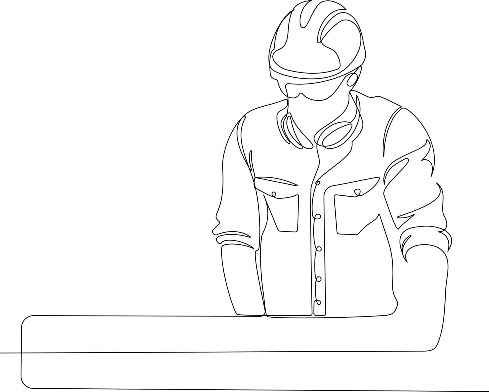Carpenter with a protective equipment is putting wooden plank in the machine for further processing. Vector illustration