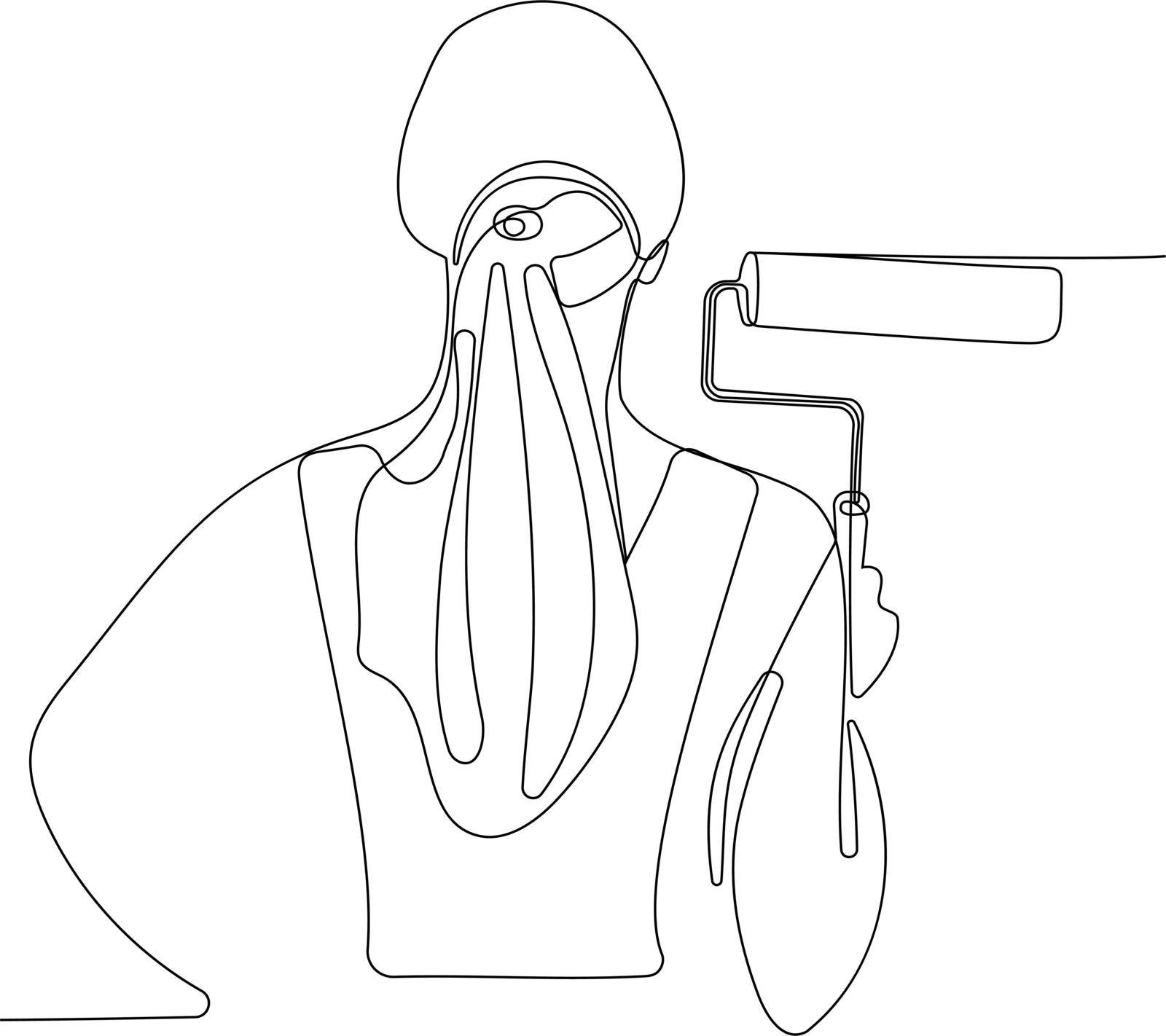 Continuous one line drawing of Painter woman holding a paint roller on white background looking to the side for your design minimal outline. Vector illustration
