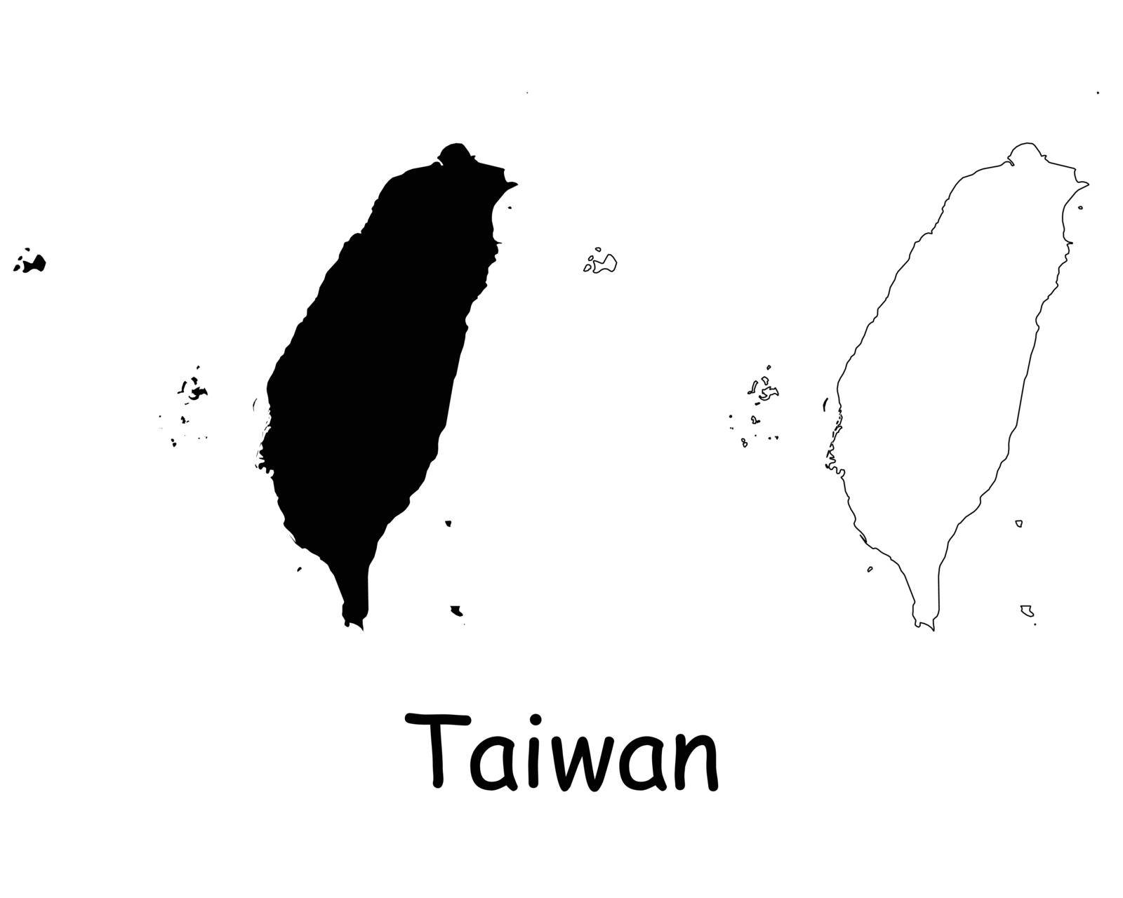 Taiwan Map. Taiwanese Black silhouette and outline map isolated on white background. Republic of China Territory Border Boundary Line Icon Sign Symbol Clipart EPS Vector
