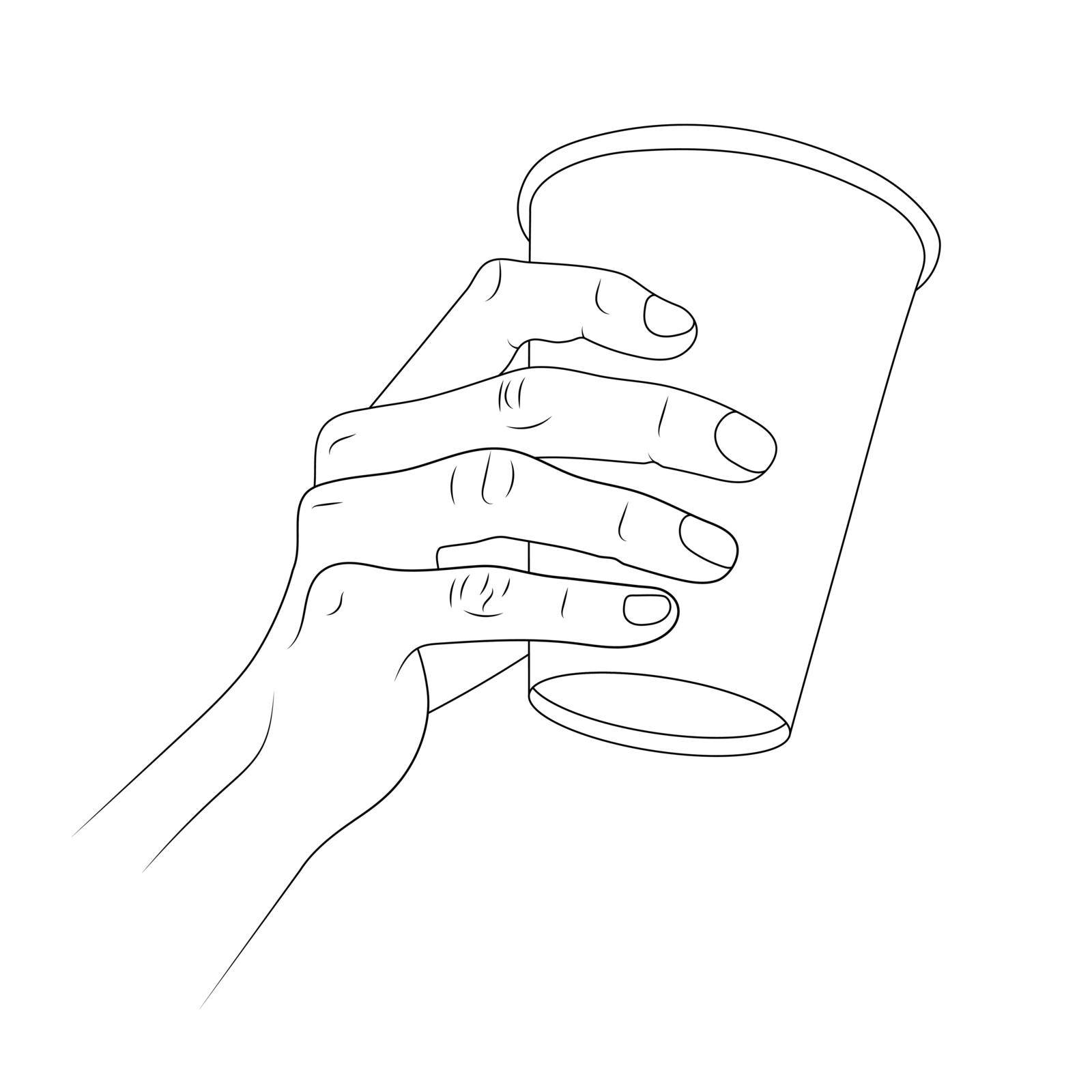 Disposable paper coffee cup in hand. Vector sketch illustration.