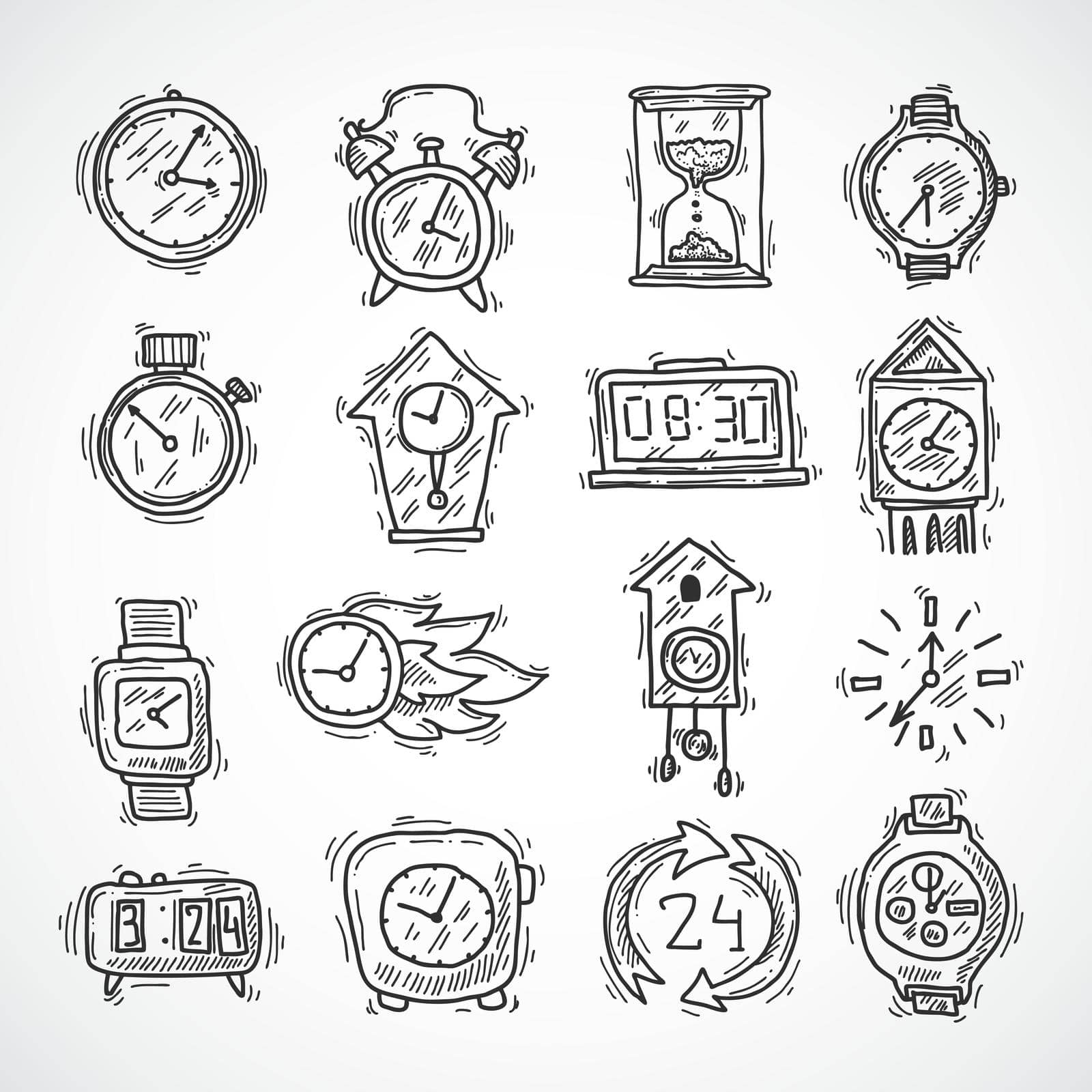 Clock sketch icons set with stopwatch alarm wall and sand clock isolated vector illustration