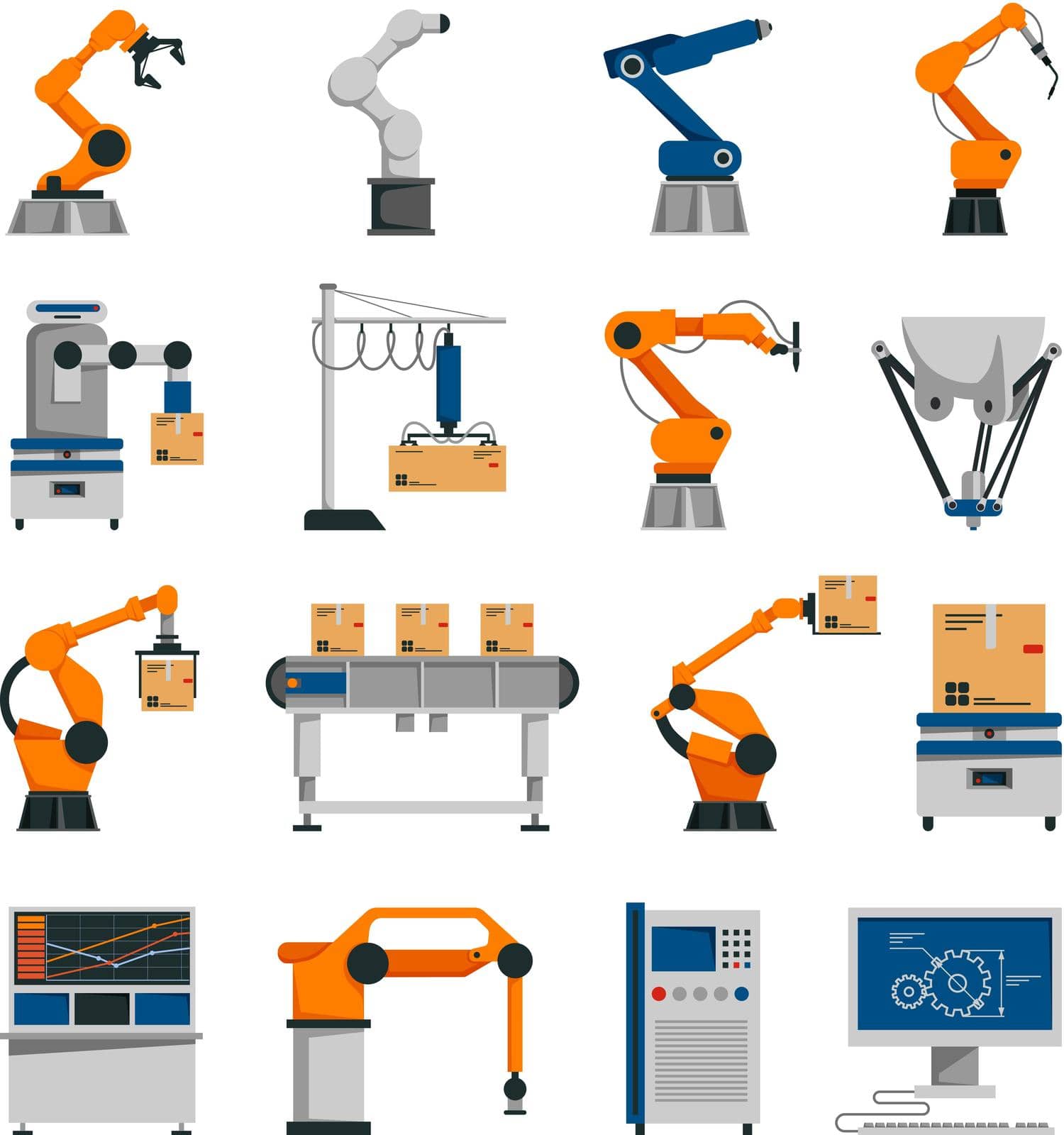 Automation icons set with robot and conveyor symbols flat isolated vector illustration 