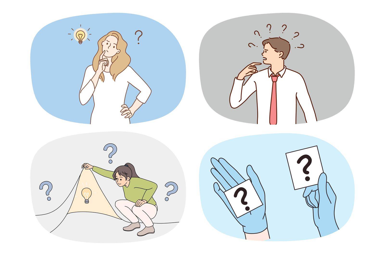 Set of diverse people with question marks think consider problem solution. Collection of confused men and women brainstorm feel frustrated solve issues have dilemma. Vector illustration.