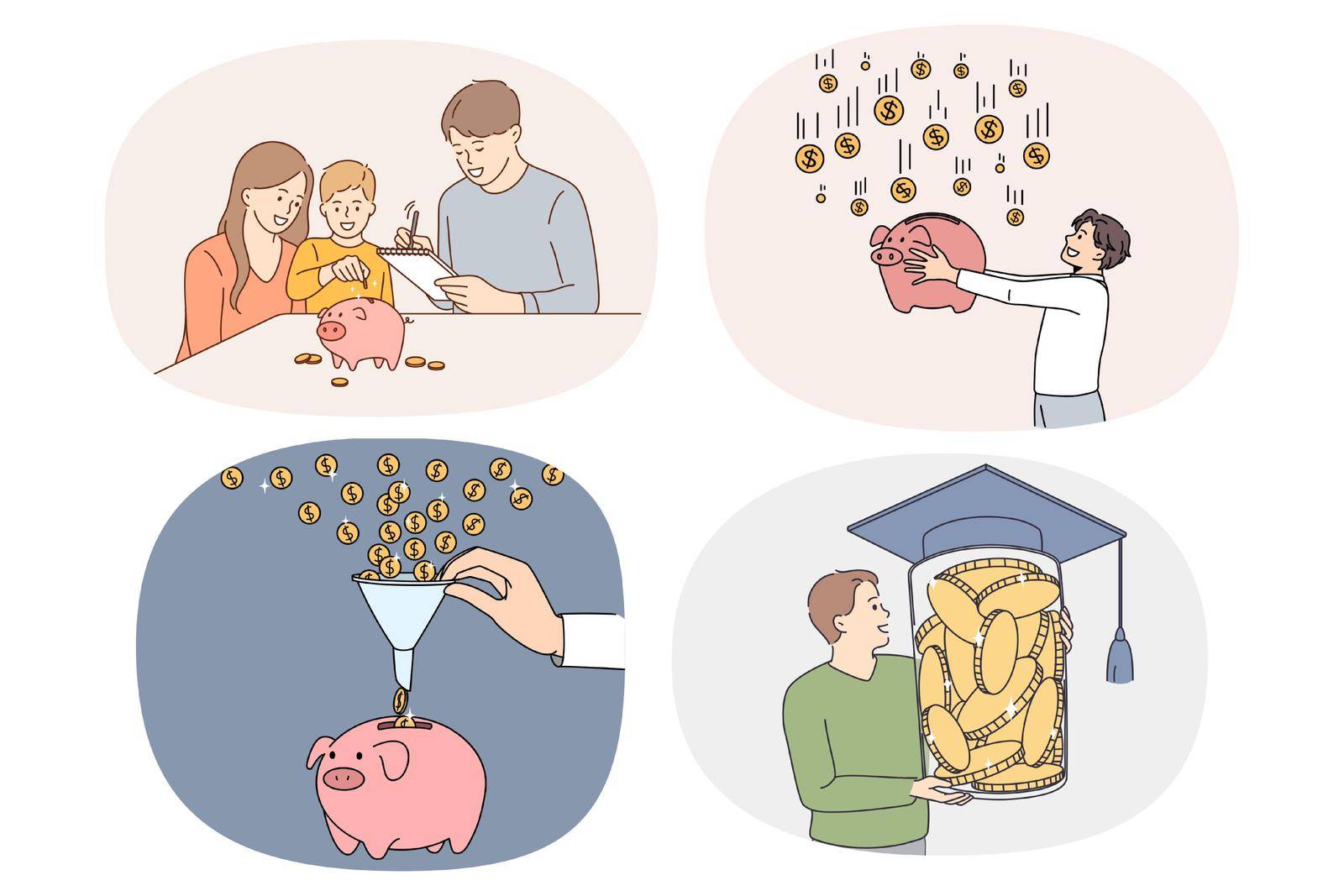 Set of happy family saving money in piggy bank. Collection of people collect coins in piggybank, make financial investment for future. Finance and economy concept. Vector illustration.