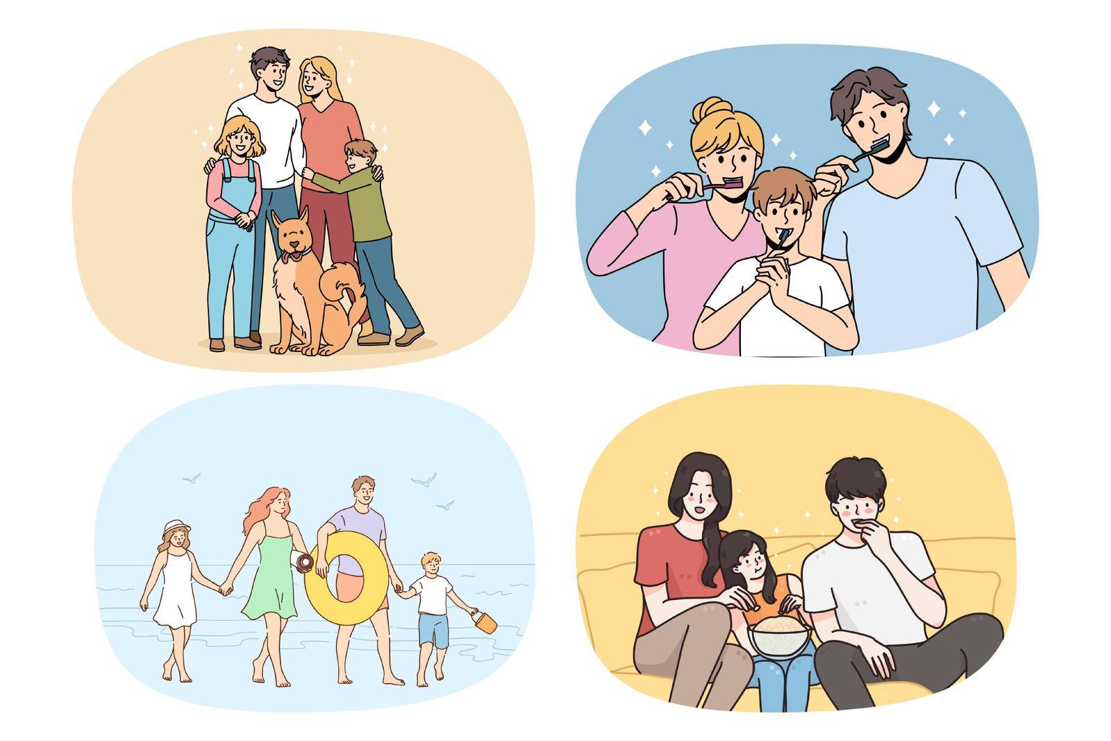 Set of happy young family with children enjoy everyday life activities together. Collection of loving smiling parents and kids relax spend time at home show unity and care. Vector illustration.