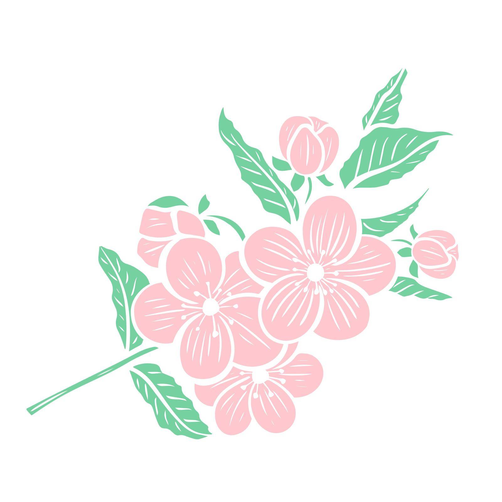 Flowering tree branch isolated object. Twig with delicate pink flowers and leaves. Flowering of apple, sakura, almond, peach and other fruit trees. Vector