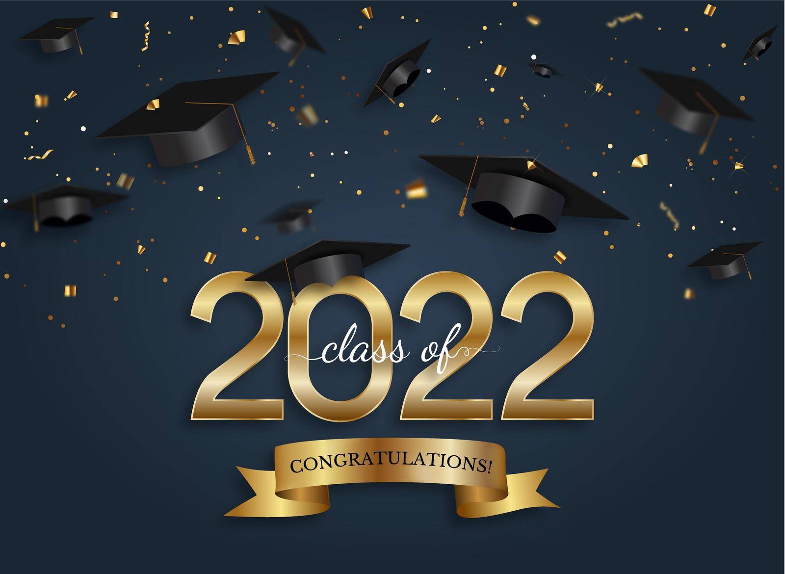 Graduation class of 2022 with graduation cap hat and confetti. Vector Illustration by yganko