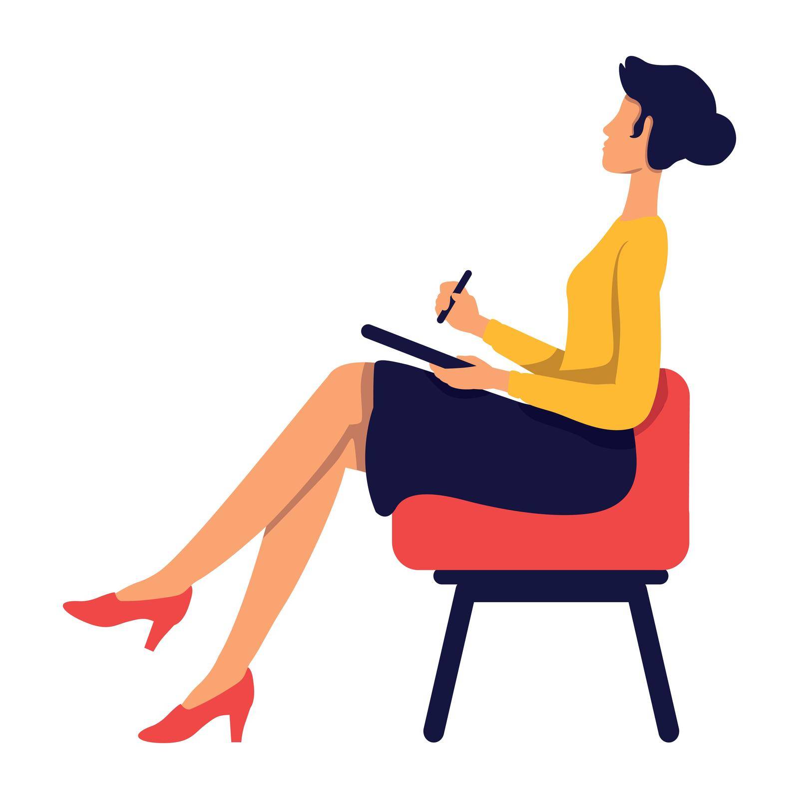 Female journalist sitting in armchair semi flat color vector character by ntl