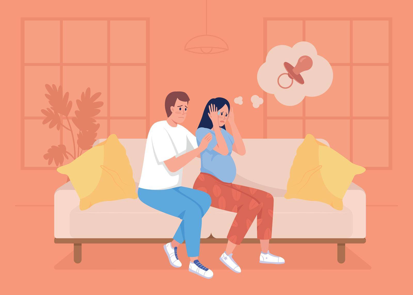 Fear of pregnancy flat color vector illustration. Expecting baby anxiety. Reassuring husband. Mental health. Woman has panic attack 2D simple cartoon characters with living room on background