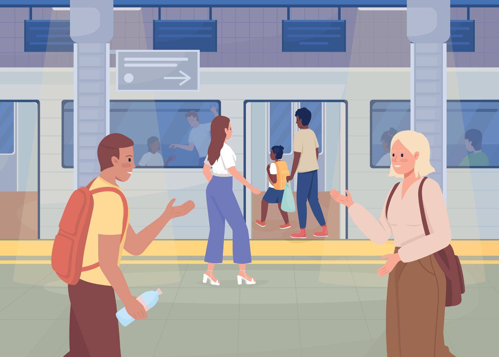 Everyday life at subway station flat color vector illustration. Mass rapid transit. Modern urban lifestyle. Public transport 2D simple cartoon characters with cityscape on background