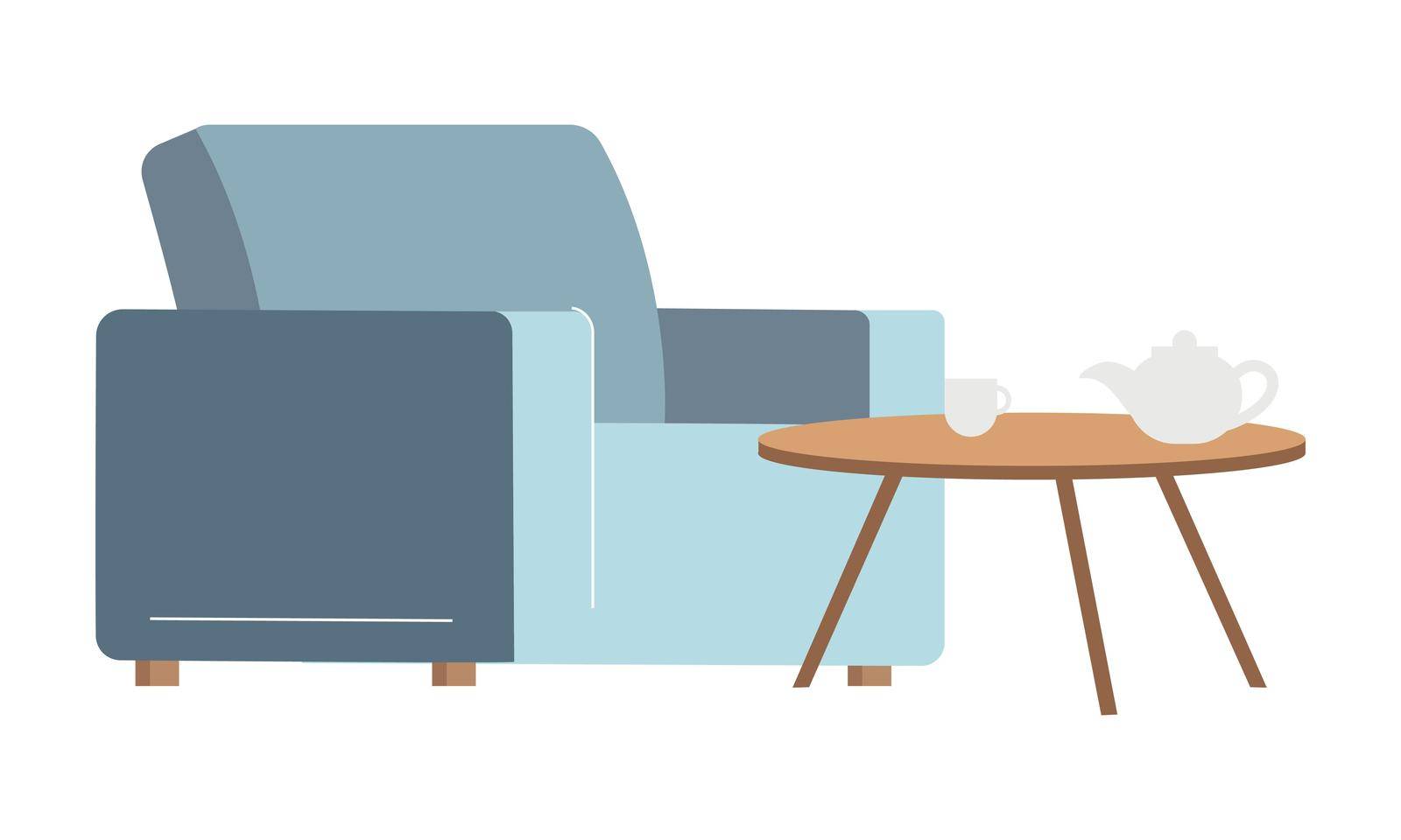 Armchair and wooden coffee table semi flat color vector object. Full sized item on white. Furniture for living room simple cartoon style illustration for web graphic design and animation