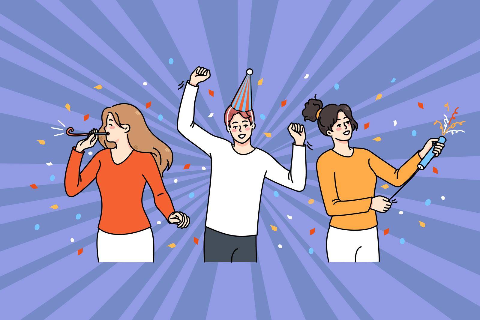 Overjoyed diverse young people have fun celebrate together. Smiling men and women enjoy celebration or party dancing and entertaining. Friendship and entertainment. Vector illustration.