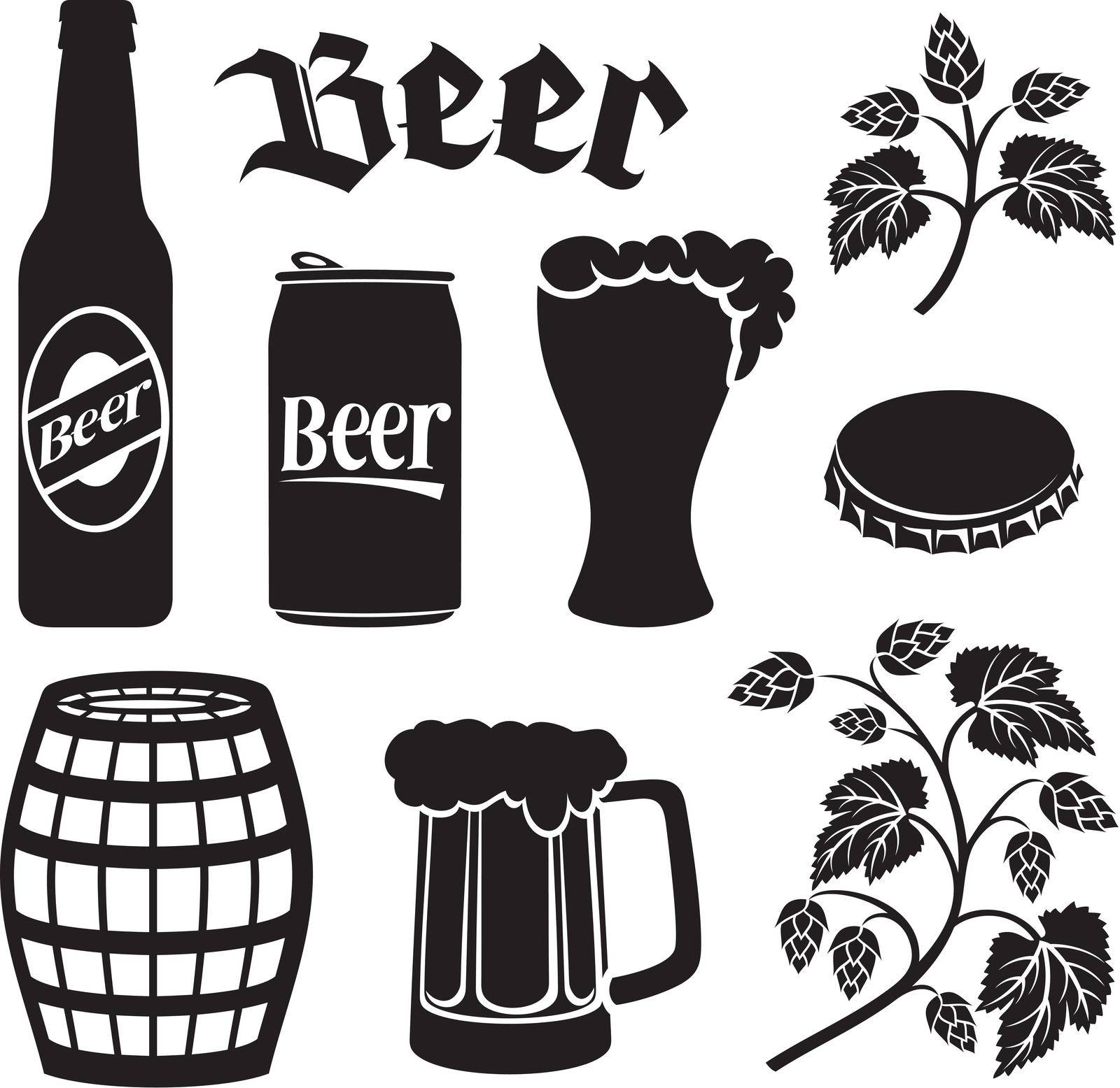 Beer icons set (hops leaf, wooden barrel, glass, can, bottle cap, mug, bottle)