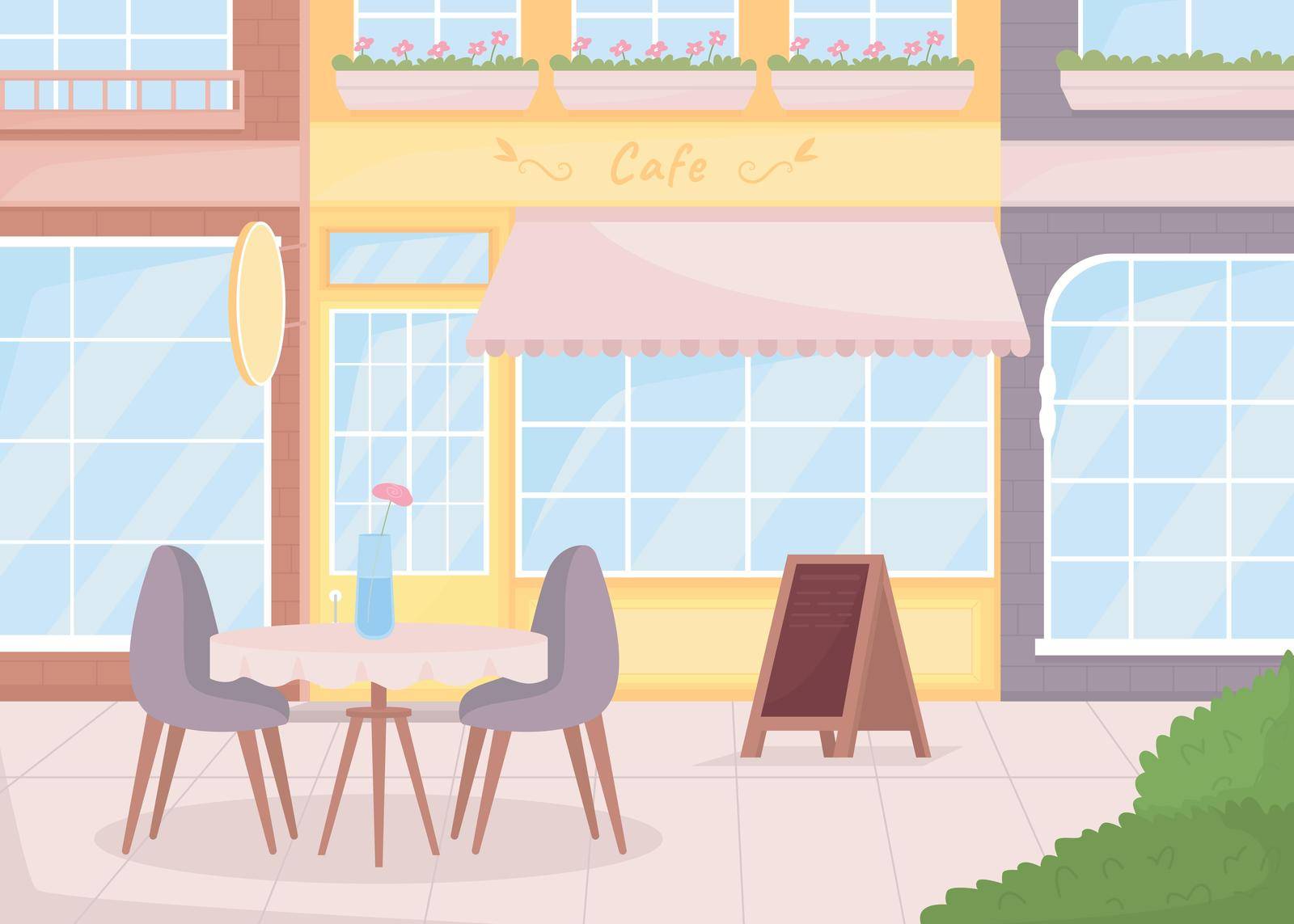 Cozy atmosphere of street cafe flat color vector illustration. Pleasant environment. Coffee shop with outdoor seating 2D simple cartoon cityscape with shops on background. Caveat font used