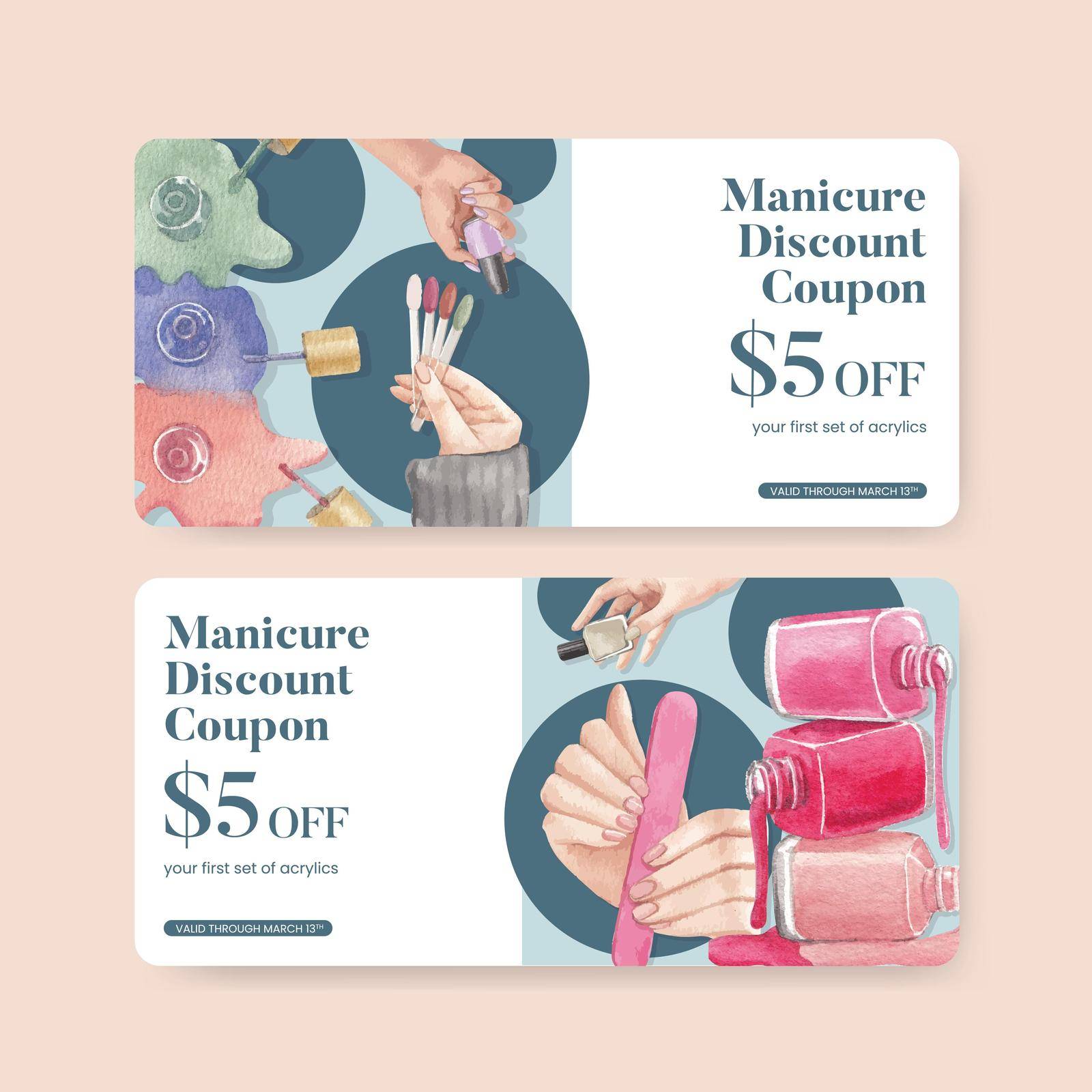 Voucher template with nail salon concept,watercolor style