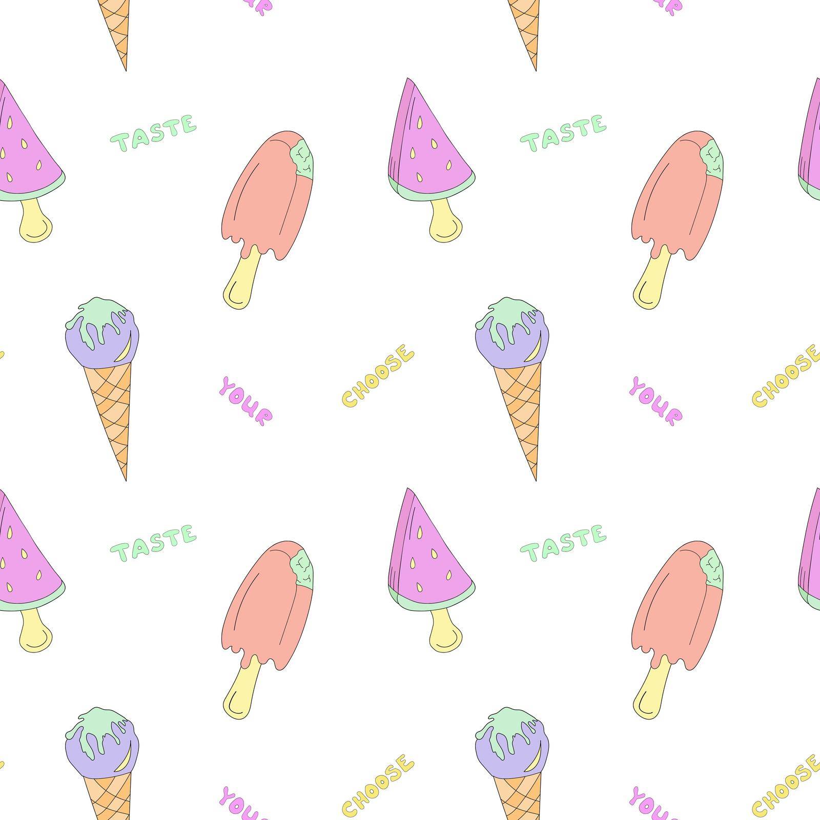 Seamless pattern with watermelon ice cream, popsicle and horn. Doodle style with lettering Choose your taste. Vector illustration for packing, backdrops, wrapping paper, fabric textile prints.