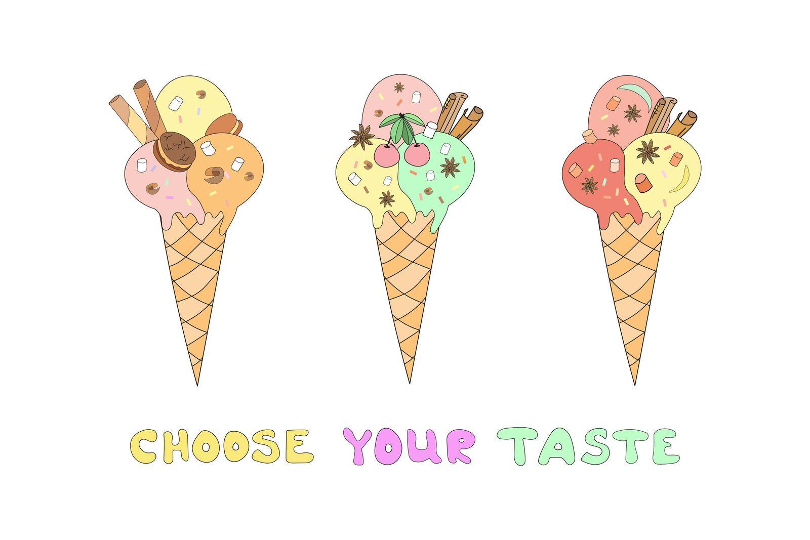 Vector ice cream set. Lettering Choose your taste. Cherries, cinnamon sticks and waffle sticks, chocolate chip cookies and cinnamon stars. by Libe_Sketch