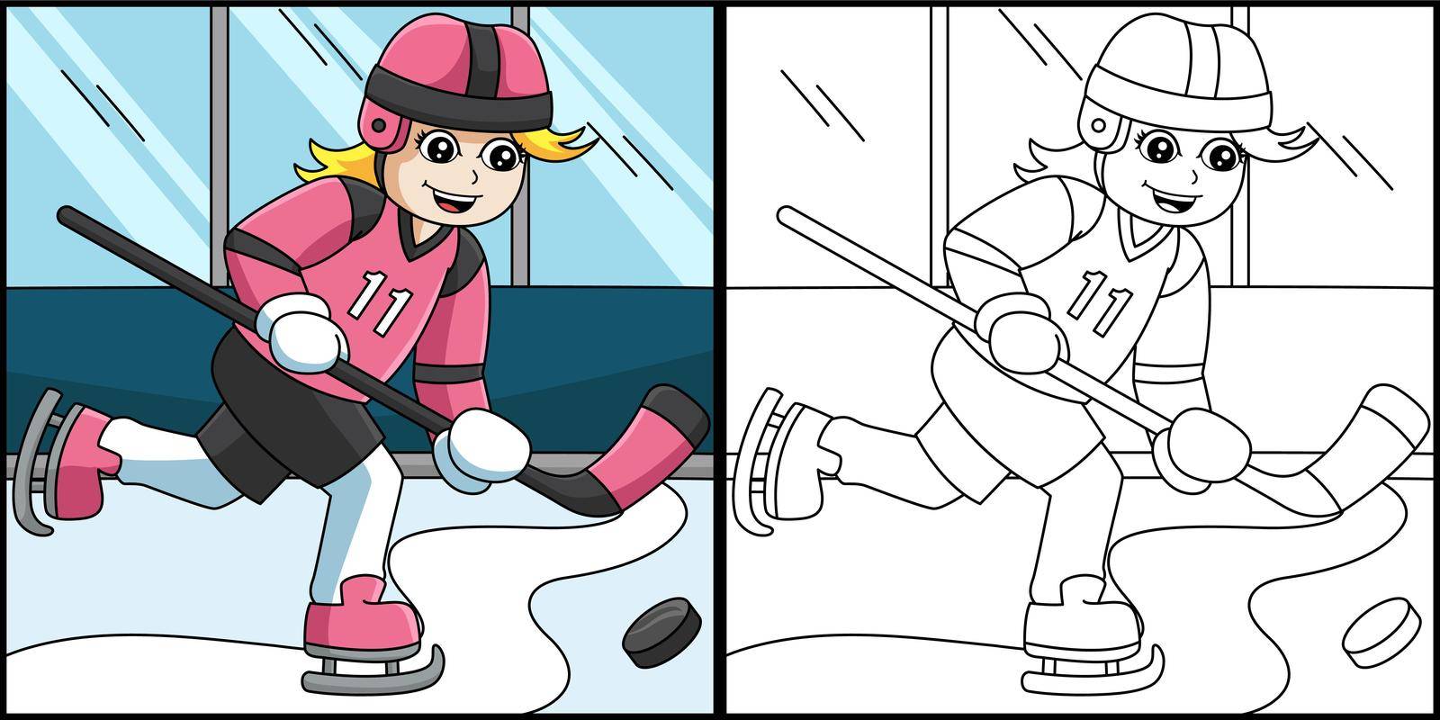This coloring page shows a girl playing hockey. One side of this illustration is colored and serves as an inspiration for children.