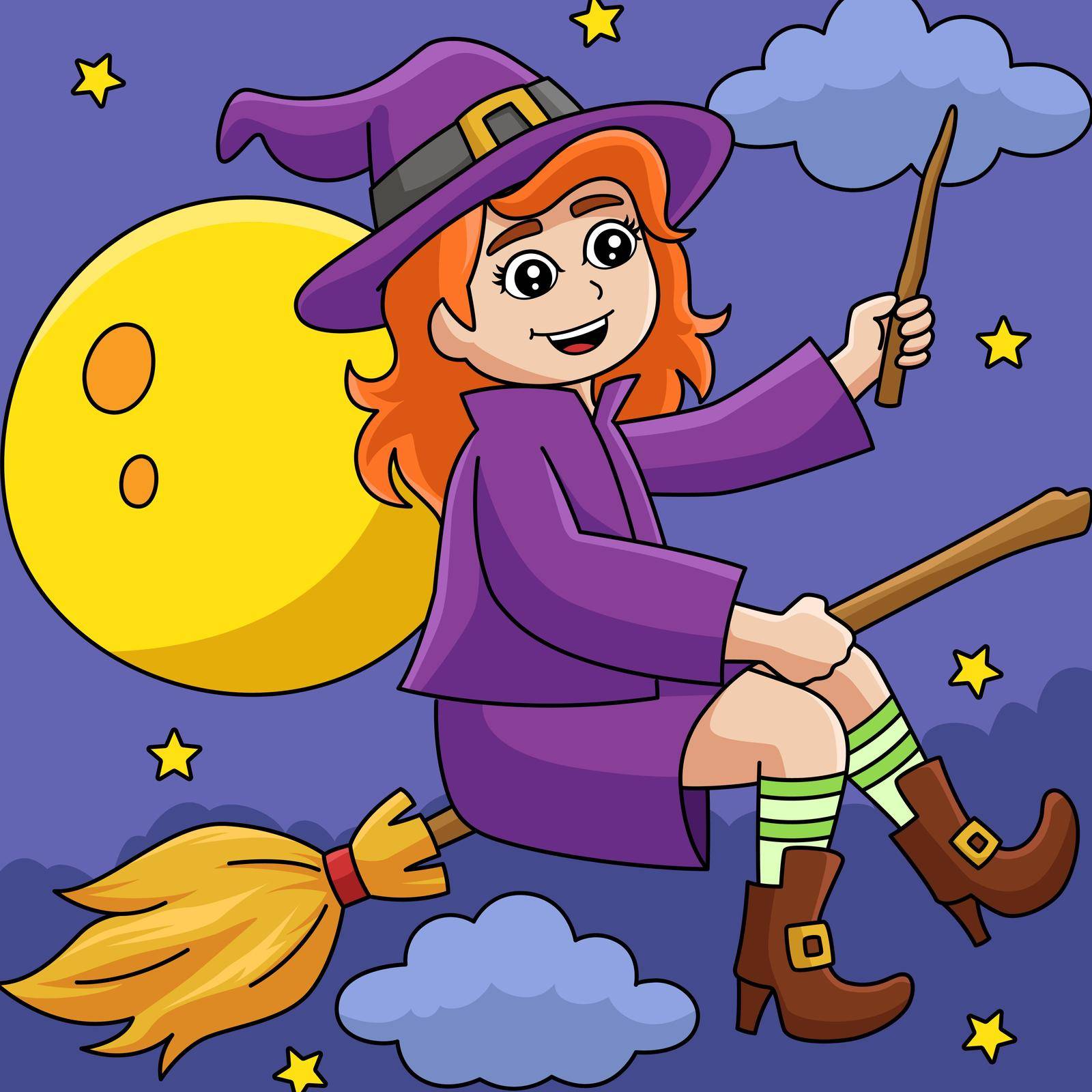 This cartoon illustration shows a witch girl on a broomstick illustration.