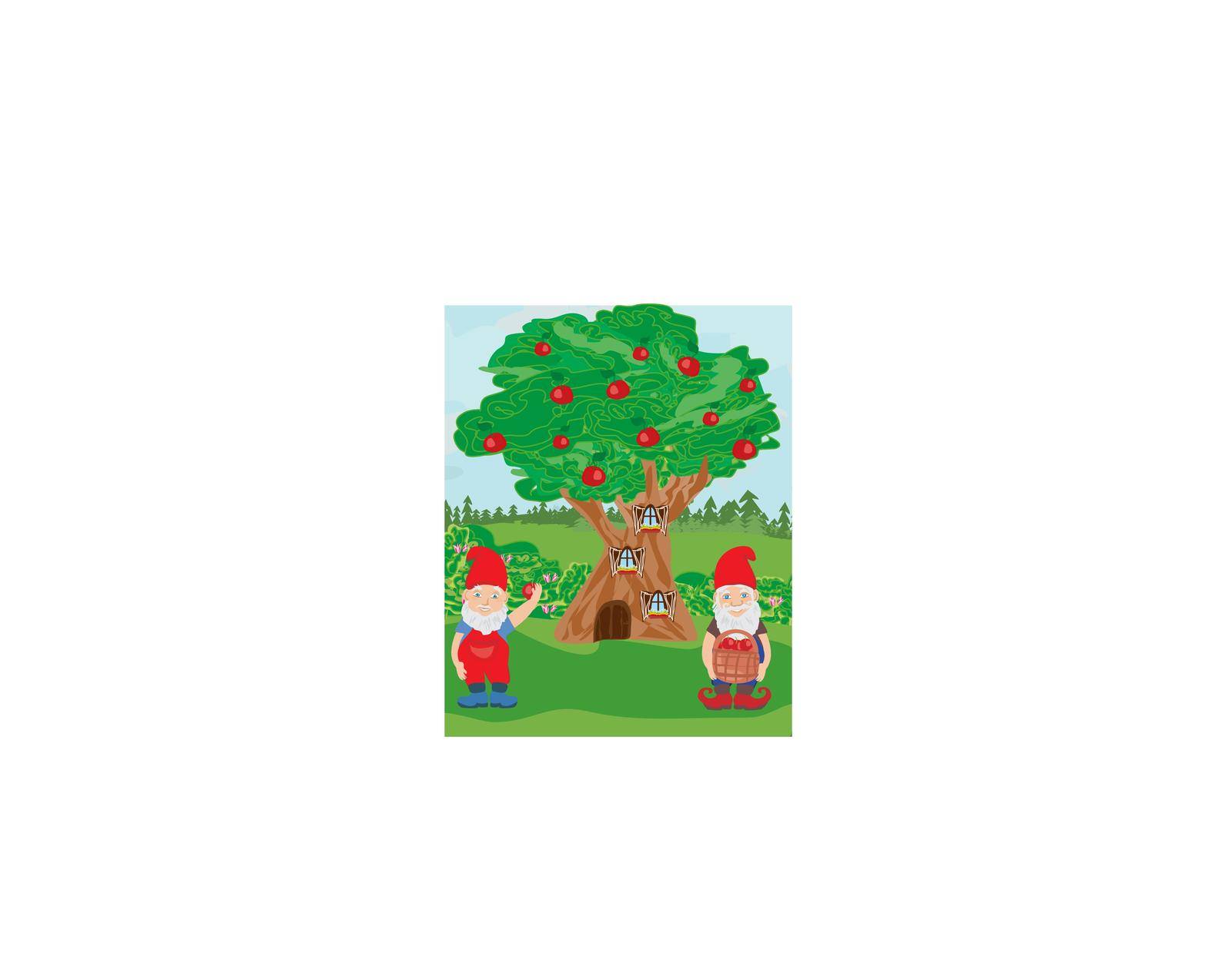 Fantasy tree house and two funny gnomes