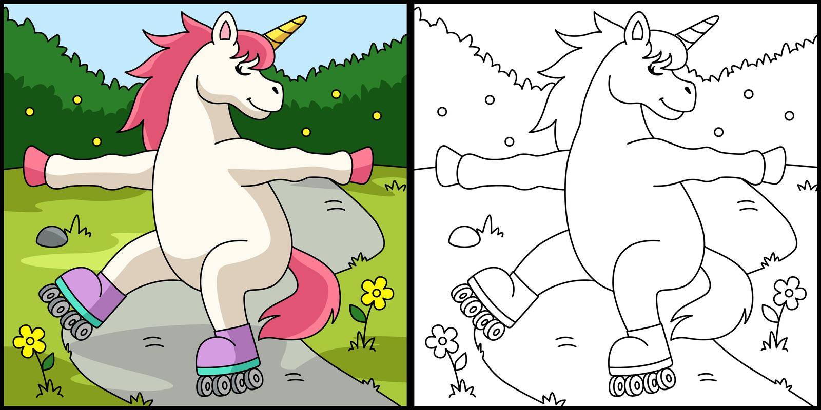 This coloring page shows a unicorn roller skating. One side of this illustration is colored and serves as an inspiration for children.