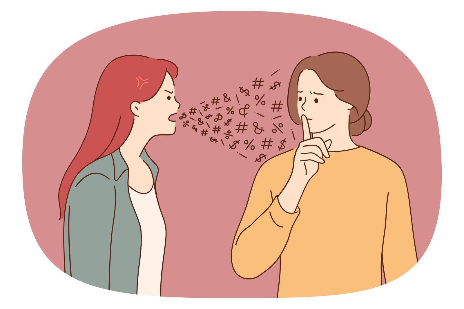 Problems in communication and conflict concept. One woman feeling angry shouting at another girl showing silence gesture with hand vector illustration
